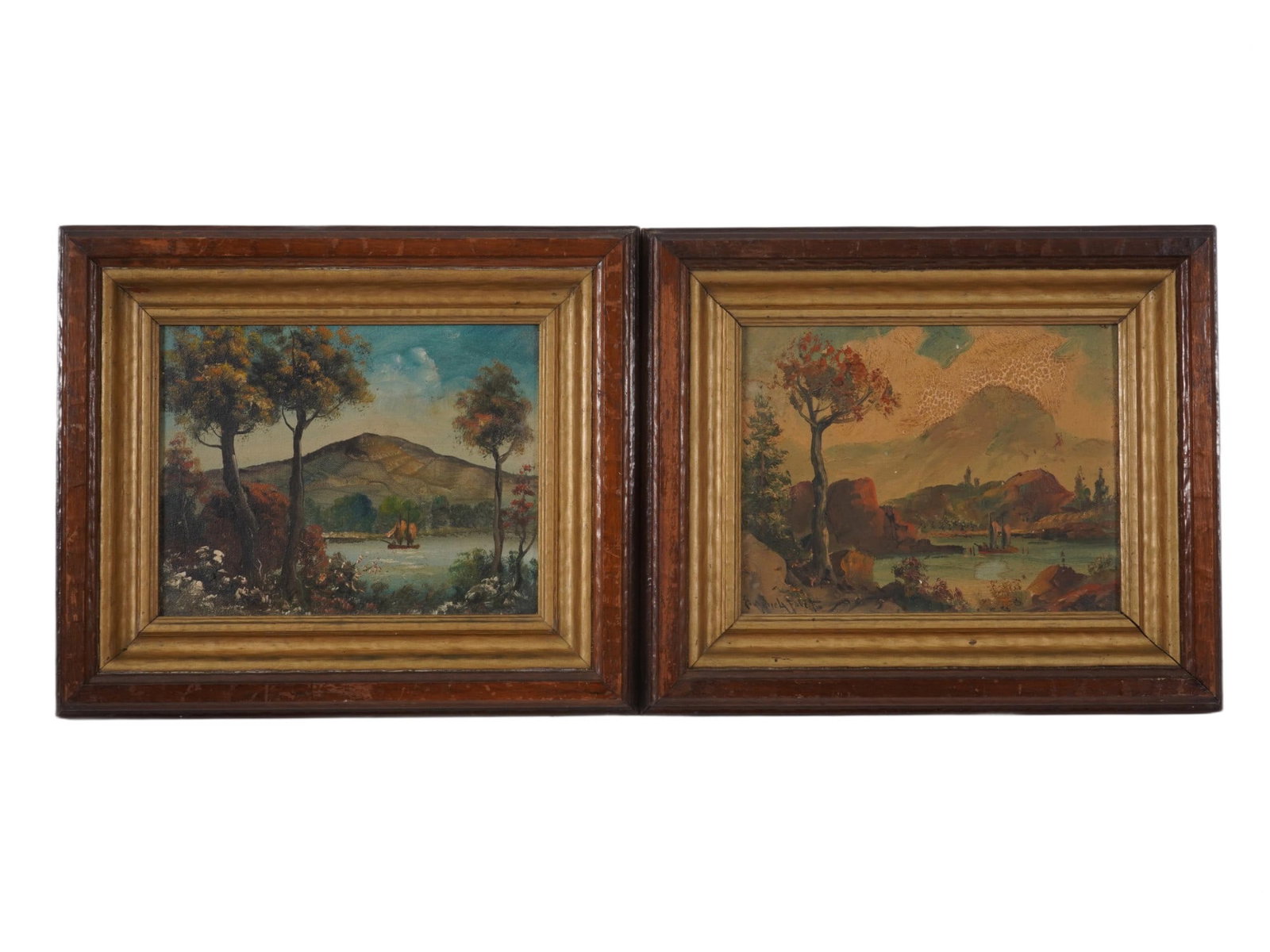 PAIR OF OIL PAINTING SIGNED BY ARTIST FAVEL FRAMED: A pair of oil paintings on canvas mounted on board depicting mountain landscape views with ships. Signed by the artist, lower left. Both are framed. Inscribed, Rachel Favel, on the backside. Antique a