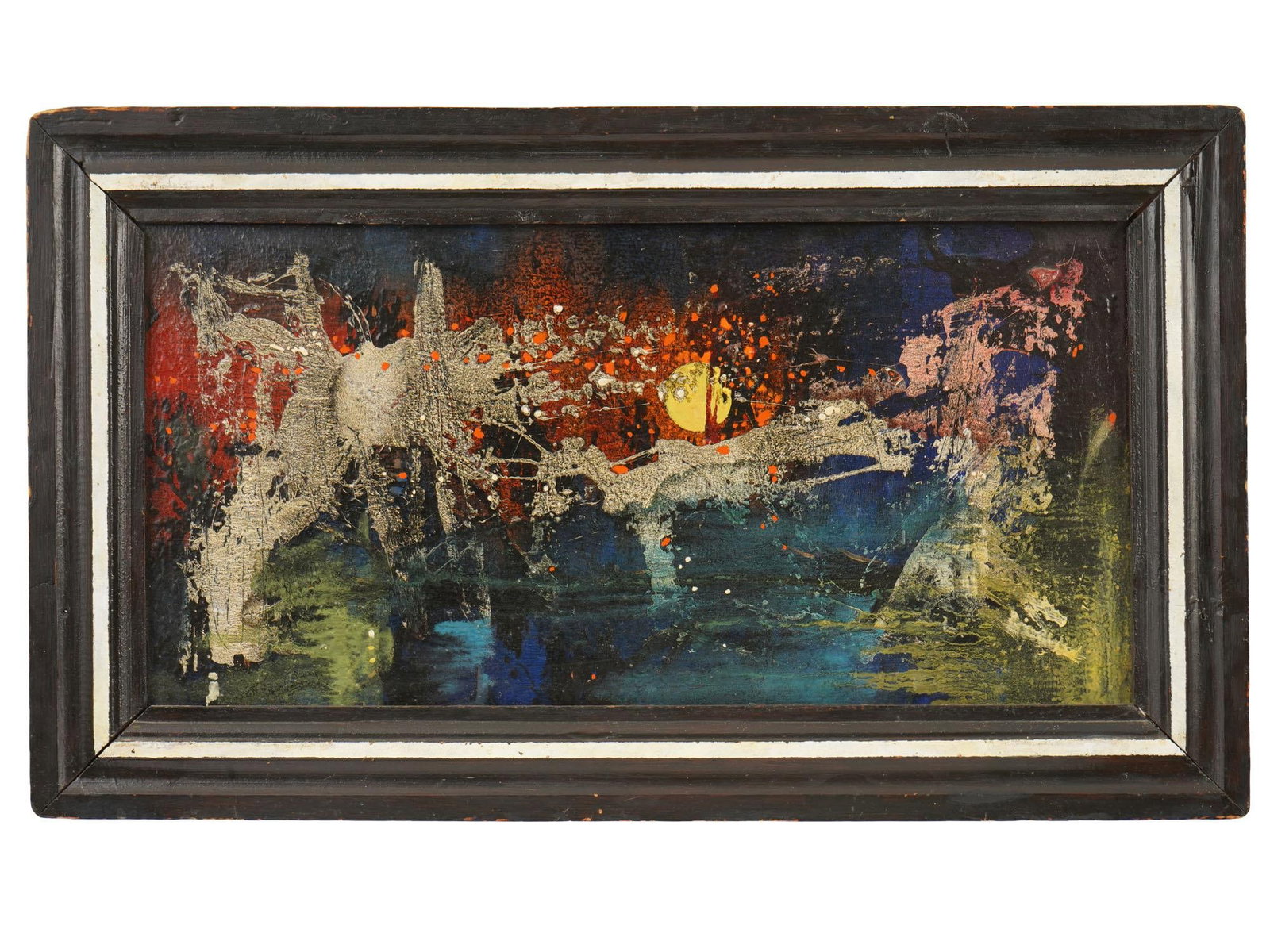 VINTAGE ABSTRACT LANDSCAPE OIL ON BOARD PAINTING: A vintage abstract oil on board painting. The painting depicts a stylized landscape, dominated by a luminous yellow orb set against a dense composition of reds, blues, and whites. The artist utilizes 