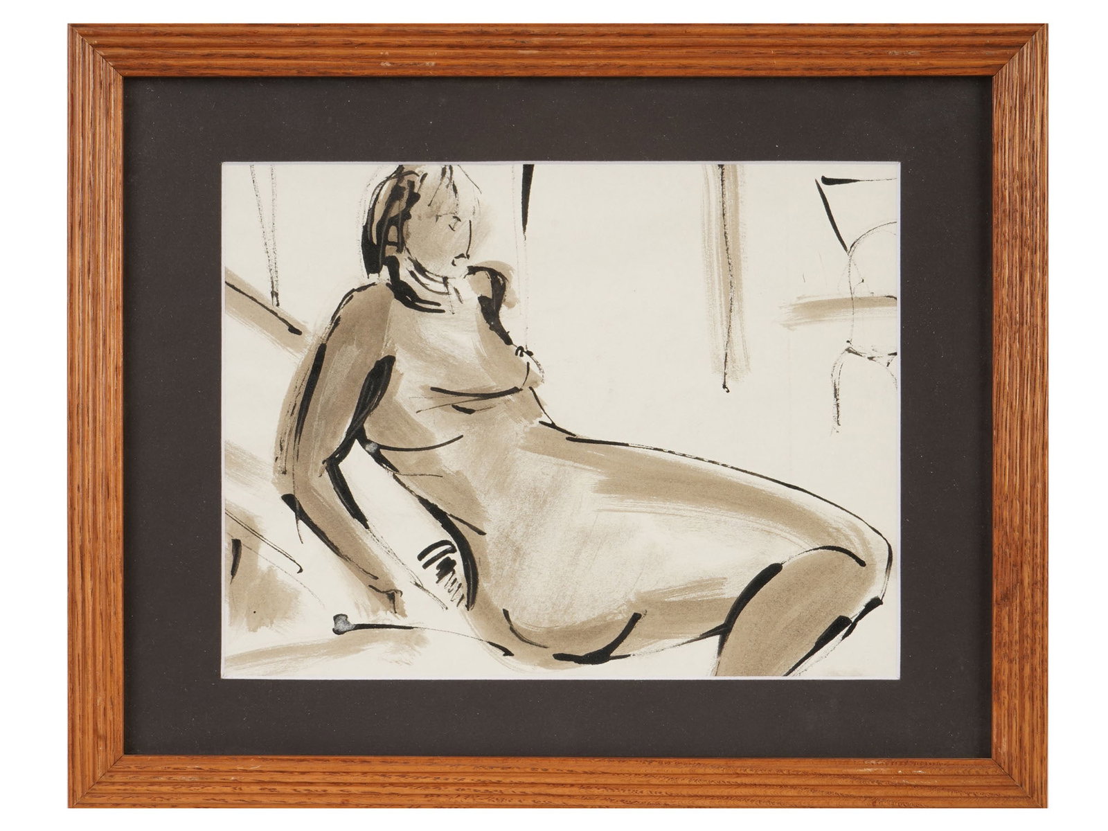 VERA PESTEL RUSSIAN FEMALE NUDE MIXED MEDIA PAINTING: Vera Pestel, Russian, 1887 to 1952, ink and watercolor painting on paper. Sketch of a female nude. Unsigned. Matted and framed. Info about the artist is attached to the backside. Vera Pestel was a stu