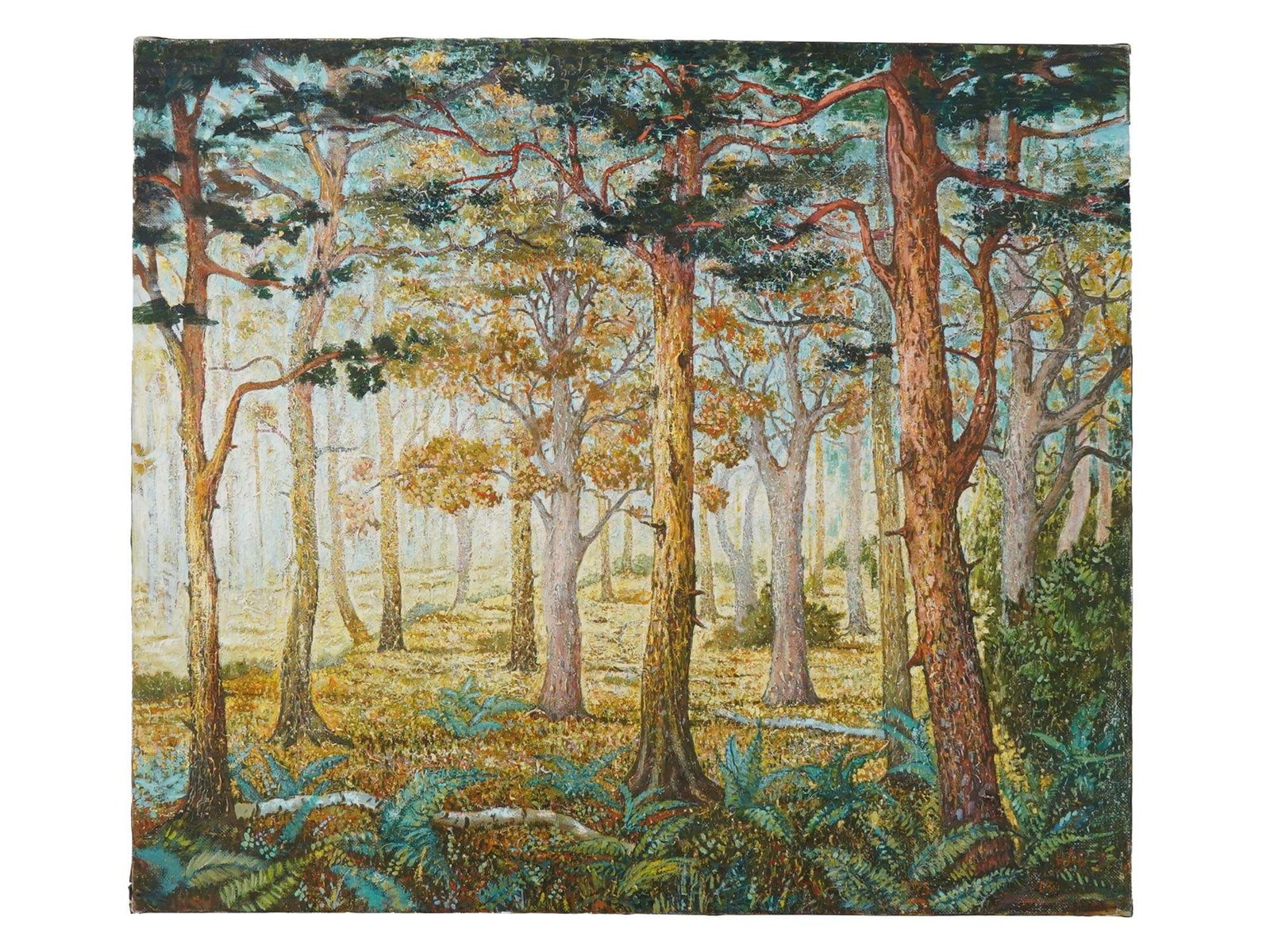 NADEZHDA ALEKSEEVA-BLINOVA LANDSCAPE OIL PAINTING: Nadezhda Alekseeva-Blinova, Russian, born 1958, oil on canvas painting. A view of a pine forest during autumn. Signed in the lower right and on the backside. Titled Sunny Forest. Dated 2001. Unframed.