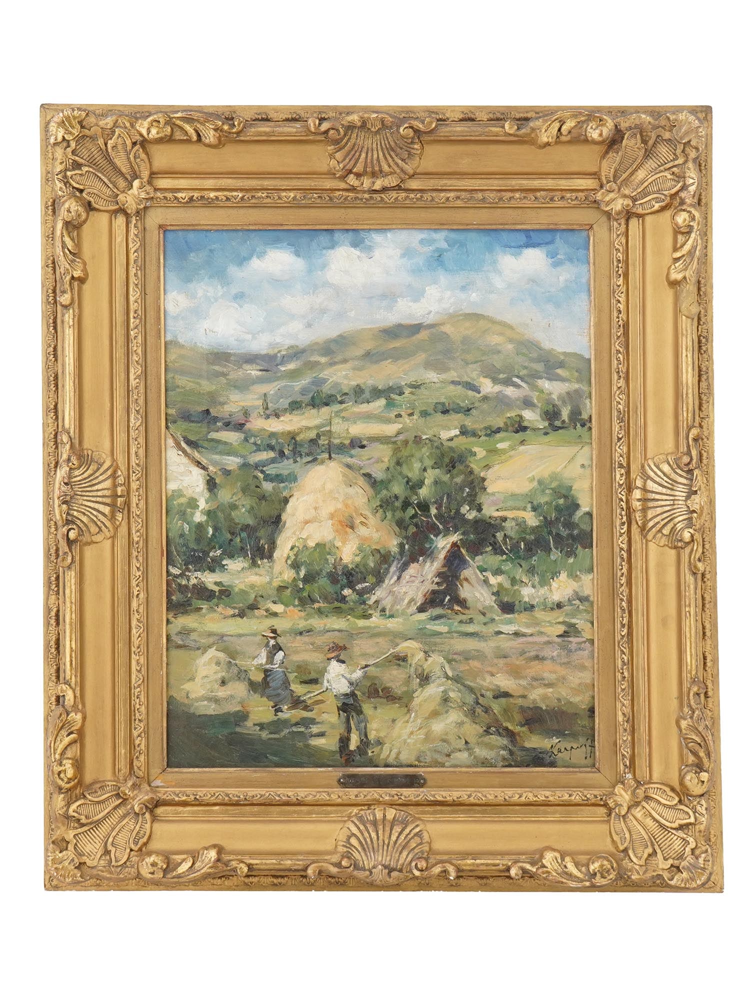 RUSSIAN OIL LANDSCAPE PAINTING BY IVAN KARPOFF: An oil on canvas painting by Ivan Giovanni Karpoff, 1898 to 1970, a Russian-Italian artist. The painting depicts a summer landscape in the countryside with peasants collecting haystacks. Signed lower 
