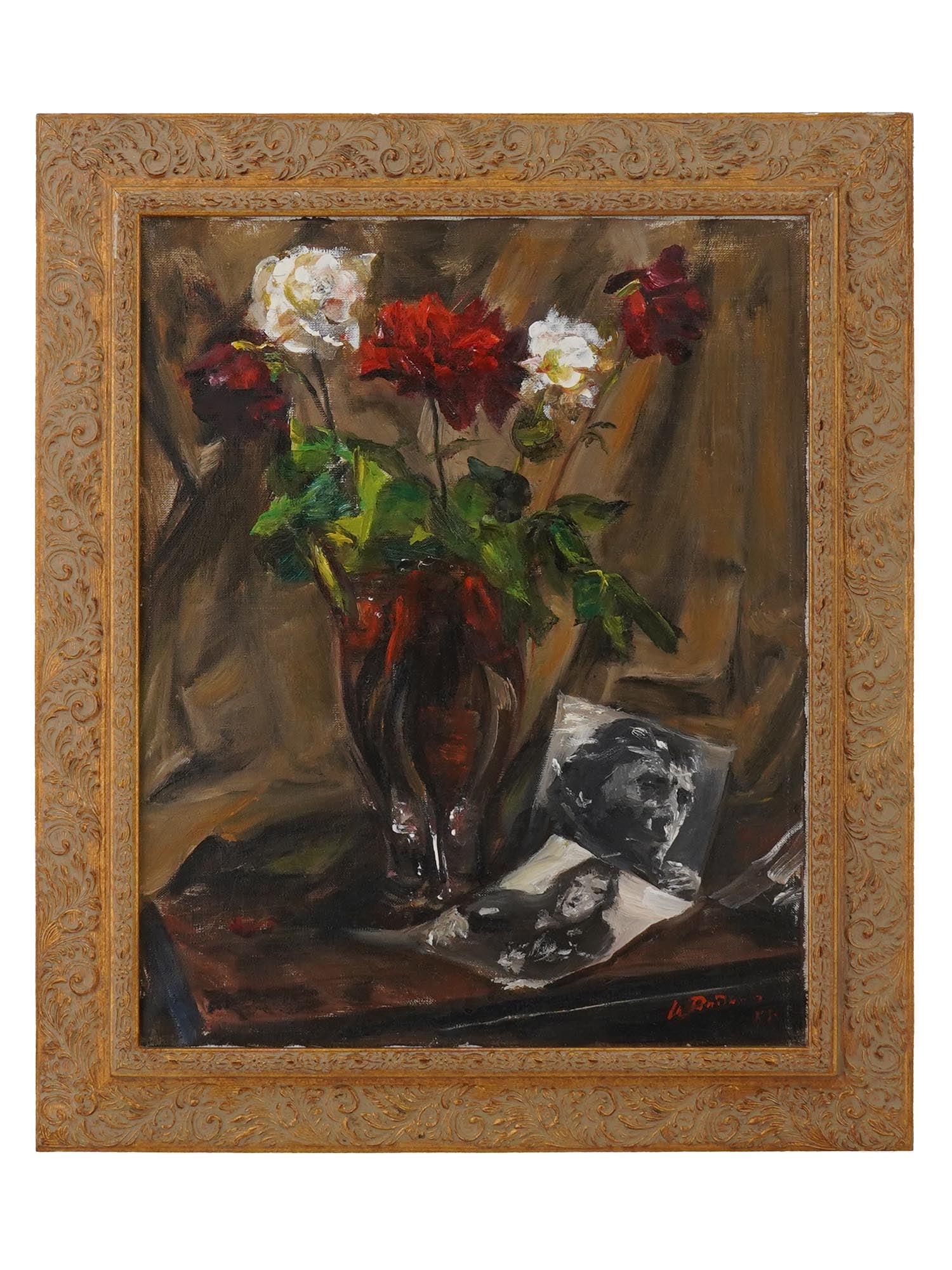 RUSSIAN STILL LIFE OIL PAINTING BY IGOR RADOMAN: Igor Radoman, Russian, 1921 to 1992, an oil painting on canvas, signed lower right and additionally inscribed on the verso with the title and dated 1988. The work depicts a still life with roses and p