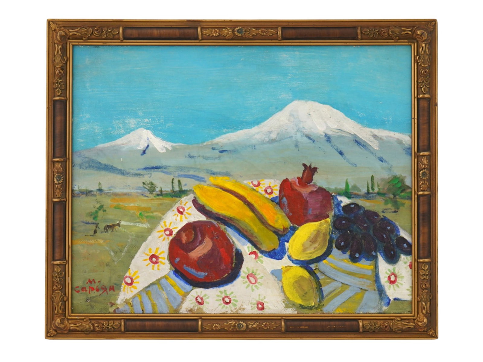 ATTR MARTIROS SARYAN OIL STILL LIFE PAINTING: An oil painting on board depicting a still life with fruits against the backdrop of a Ararat mountain landscape attributed to Martiros Saryan lower left. Framed. Martiros Saryan, Russian, Armenian, 18