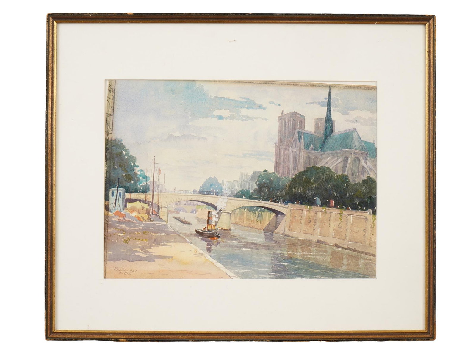 PARIS CITYSCAPE WATERCOLOR PAINTING SIGNED BY ARTIST: A watercolor painting on paper depicting a Parisienne cityscape with Notre Dame Cathedral and the Seine River with a bridge, 1927. Signed by the artist, E. B. D., dated 1927 and inscribed, Paris, lowe