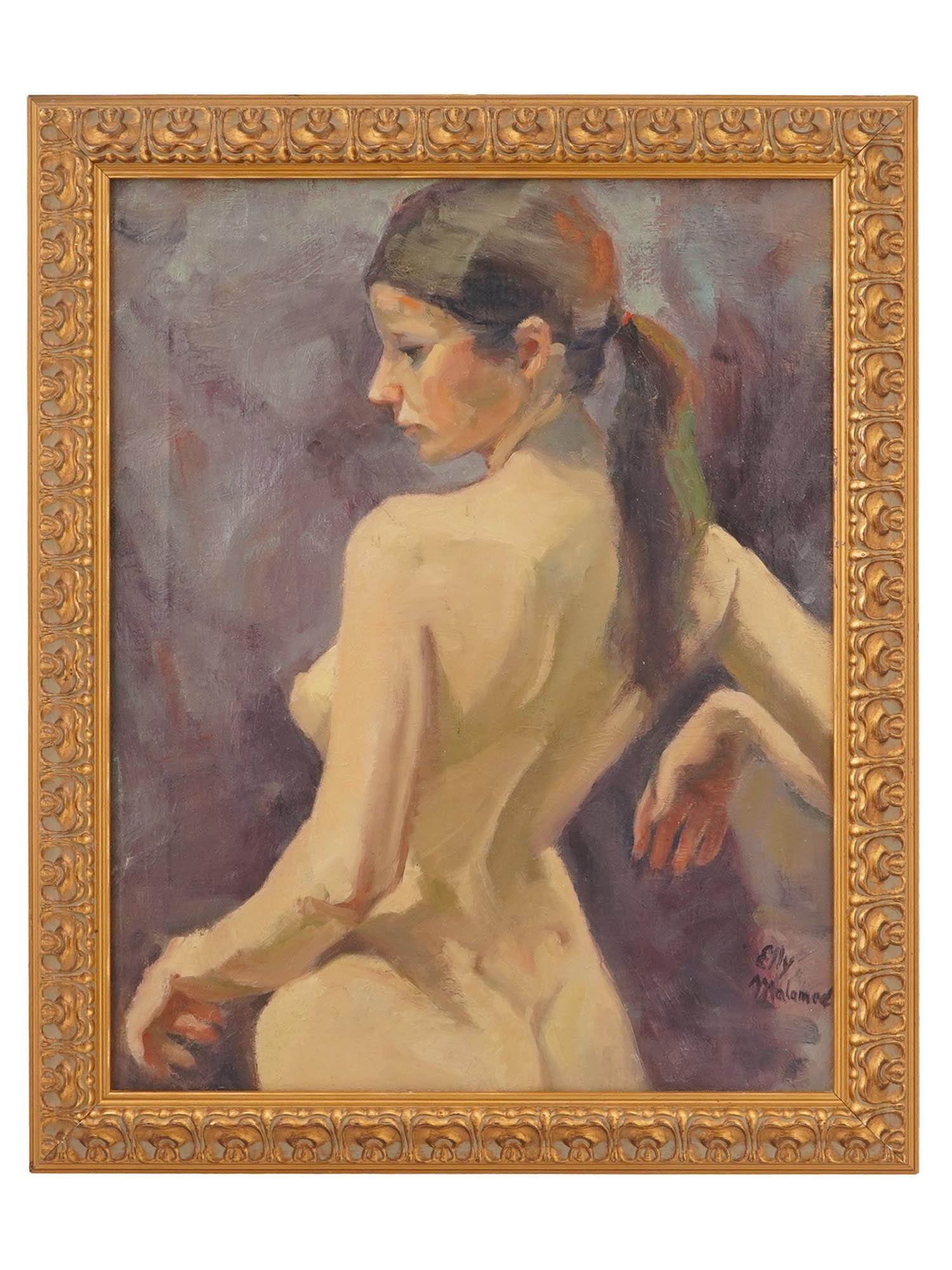 MID CENTURY NUDE FEMALE PAINTING BY ELLY MALAMED: A mid-century nude female portrait by Elly Malamed. The piece is signed by the artist in the lower right corner and presented in a frame. Mid Century Portrait Paintings And Art Collectibles THI
