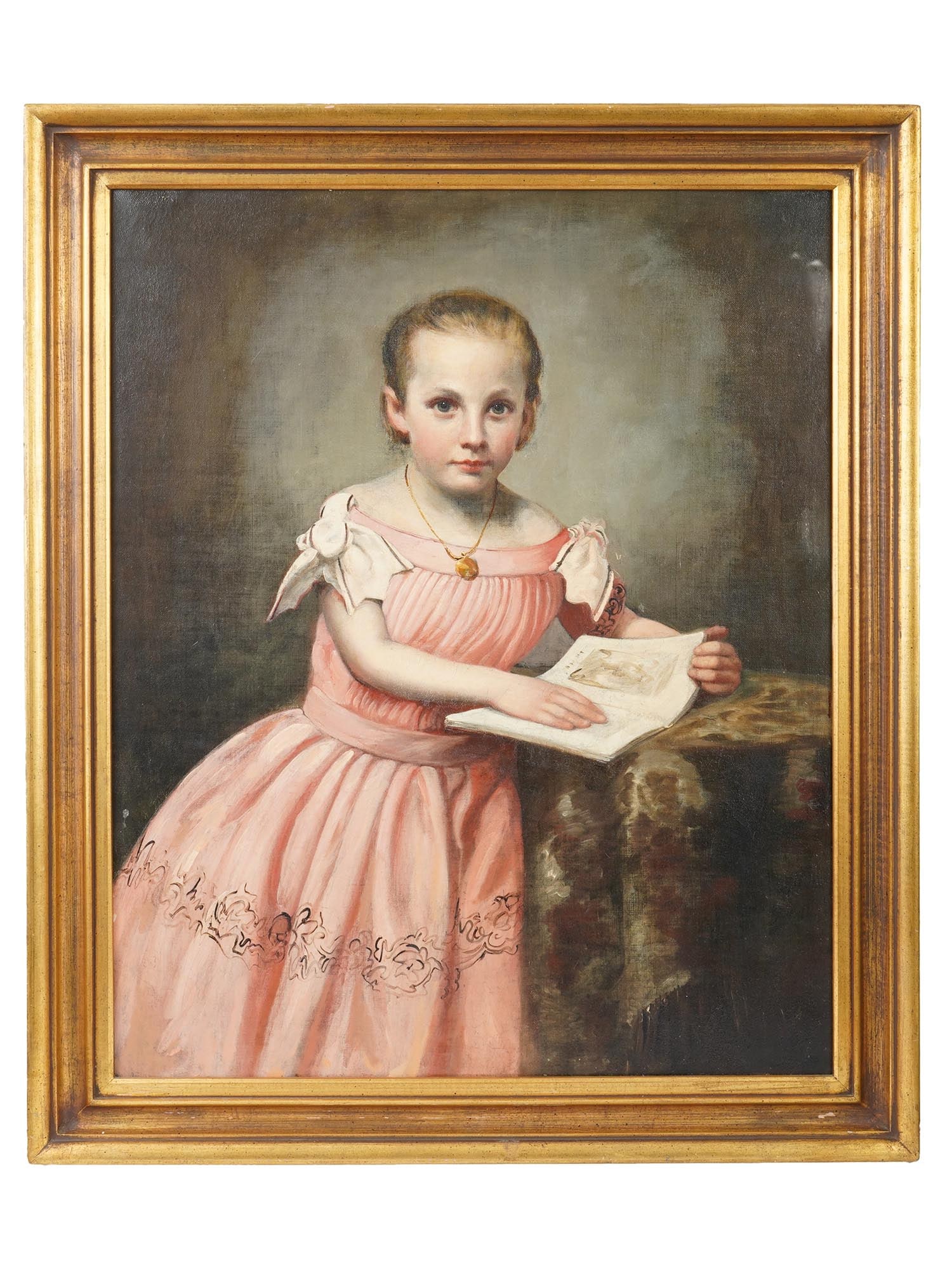 ANTIQUE AMERICAN SCHOOL OIL PORTRAIT PAINTING: An antique American School oil on canvas portrait painting. Circa mid to late 19th century. The well detailed painting depicts a fine portrait of a young A girl in a pink dress standing near an open b