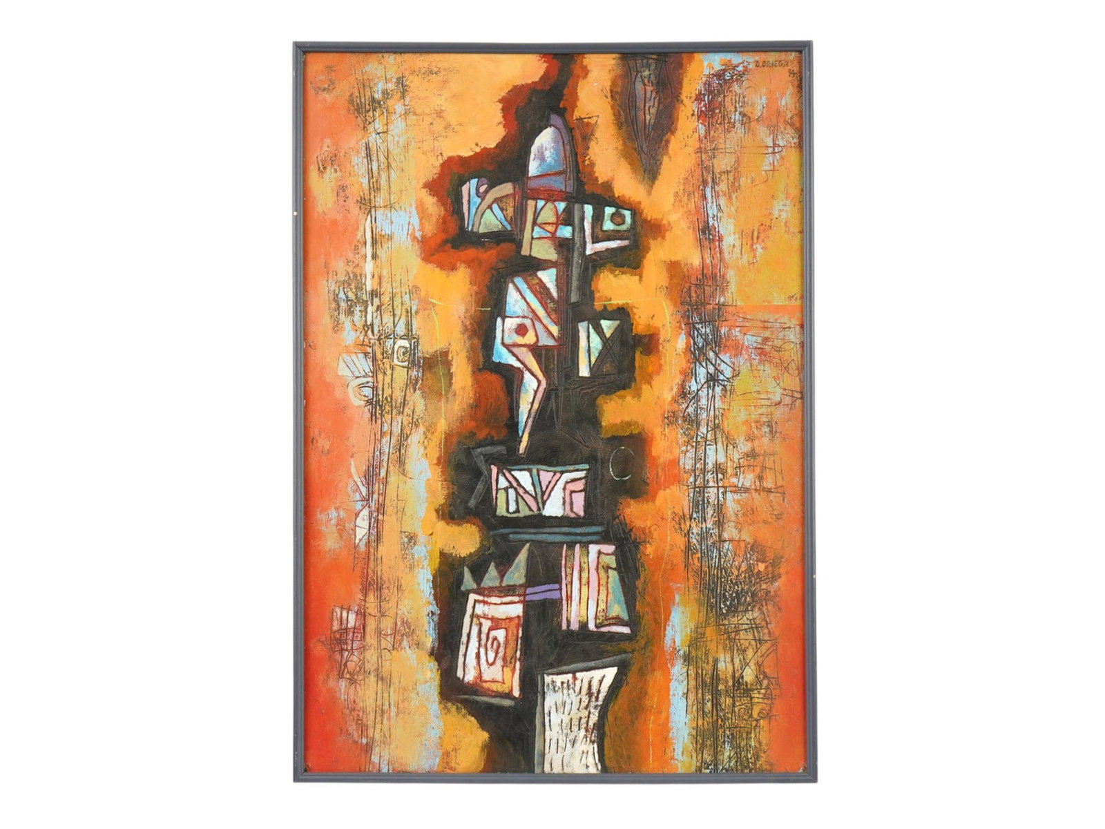 CUBAN ABSTRACT ACRYLIC PAINTING SIGNED D. ORIEGA: D. Oriega, Cuban, 20th century, acrylic painting on masonite. Abstract composition featuring a tall, totemic arrangement of geometric forms set against a fiery, textured background of orange, ochre,