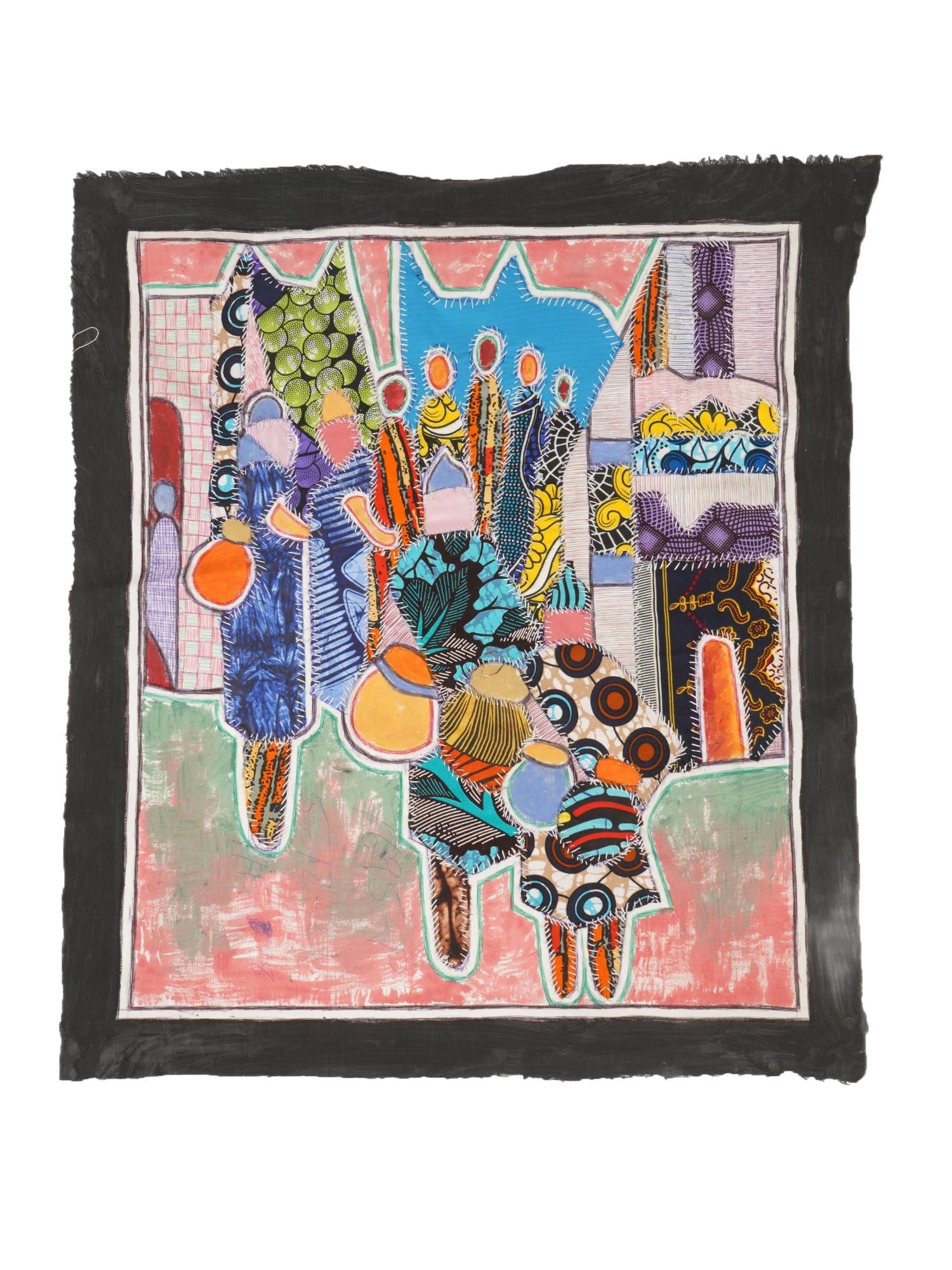 NIGERIAN STITCH FABRIC ARTWORK BY KAYODE BURAIMOH: Kayode Buraimoh, a Contemporary Nigerian artist, a mixed media stitch fabric artwork, Northern House, 2024. The painting depicts a figurative composition. Inscribed in the lower part. Signed, titled, 