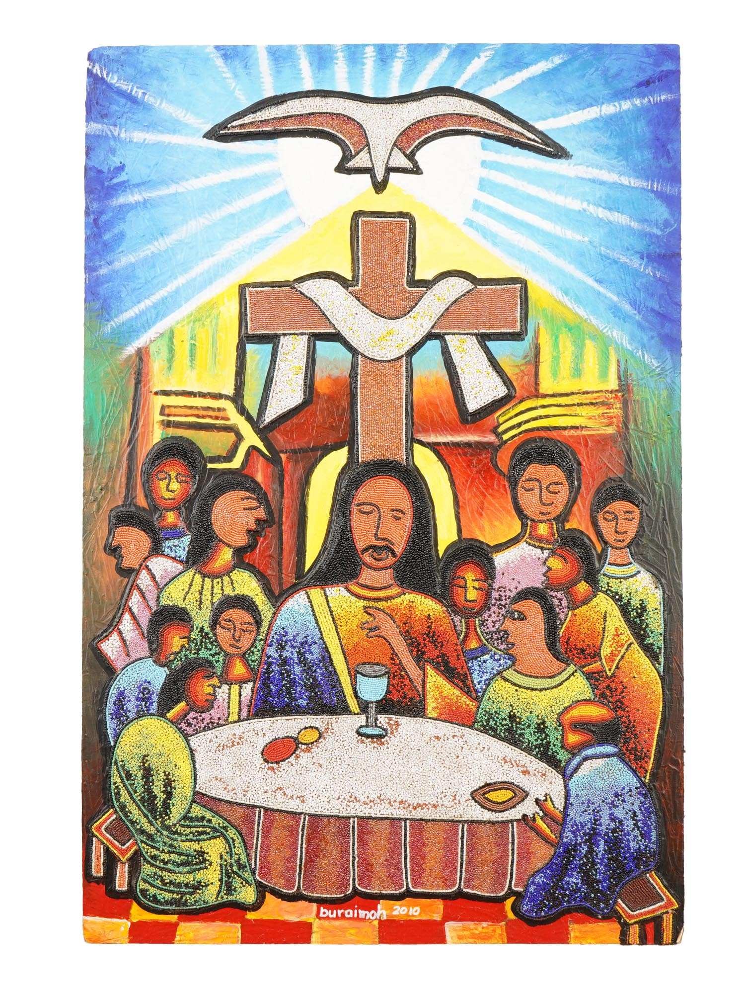 CHIEF JIMOH BURAIMOH ACRYLIC BEADS PAINTING W COA: An African bead and acrylic on board artwork The Supper by Chief Jimoh Buraimoh, born 1943 Nigerian artist. The painting depicts the biblical scene of the Last Supper with Jesus Christ and the 12 apos