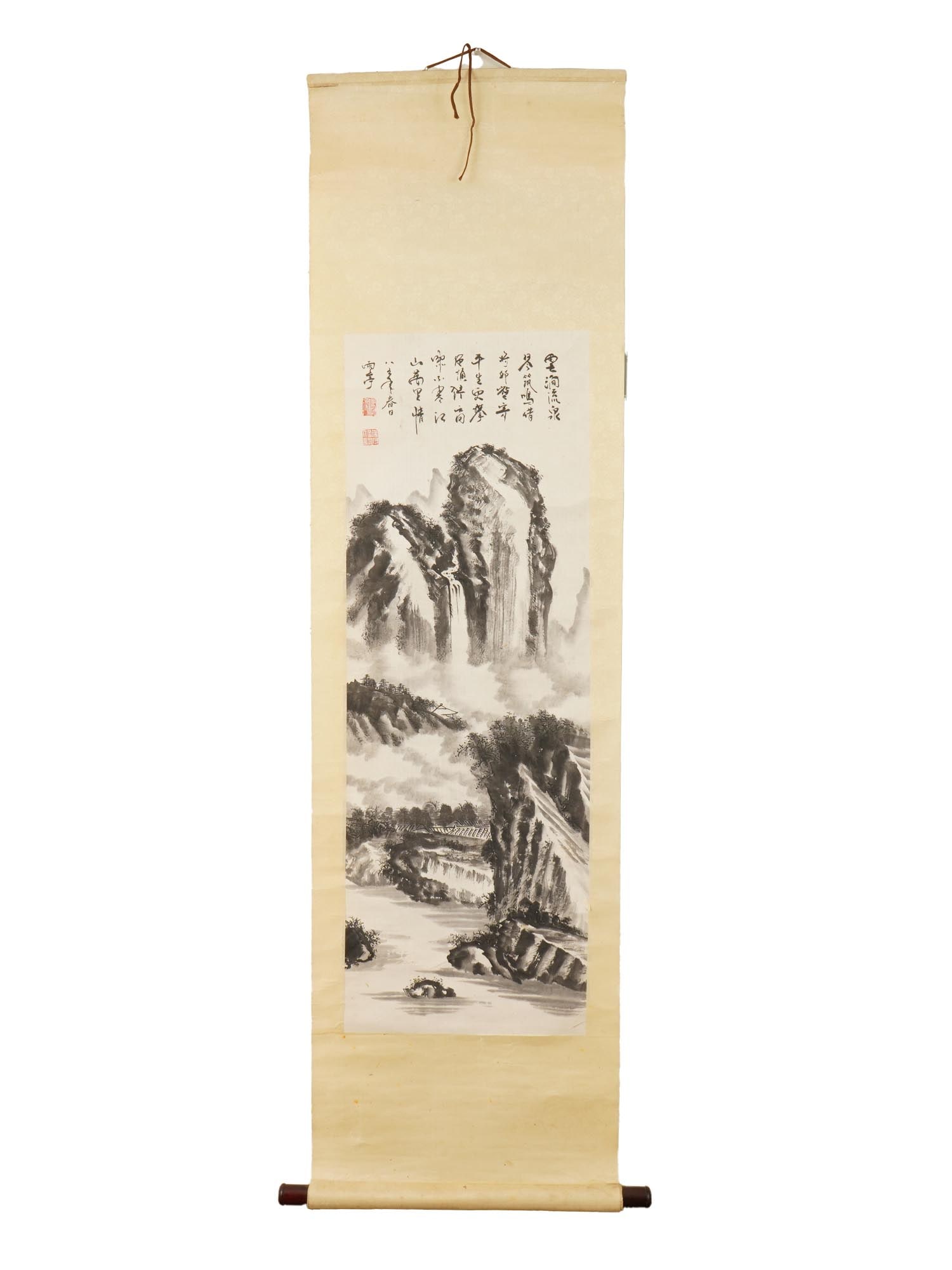 VINTAGE CHINESE LANDSCAPE PAINTING HANGING SCROLL: A vintage Chinese landscape painting hanging scroll, executed in watercolor and ink on paper in the traditional Shan Shui mountain-and-water style. Signed and sealed with the artists stamps. Vintage C
