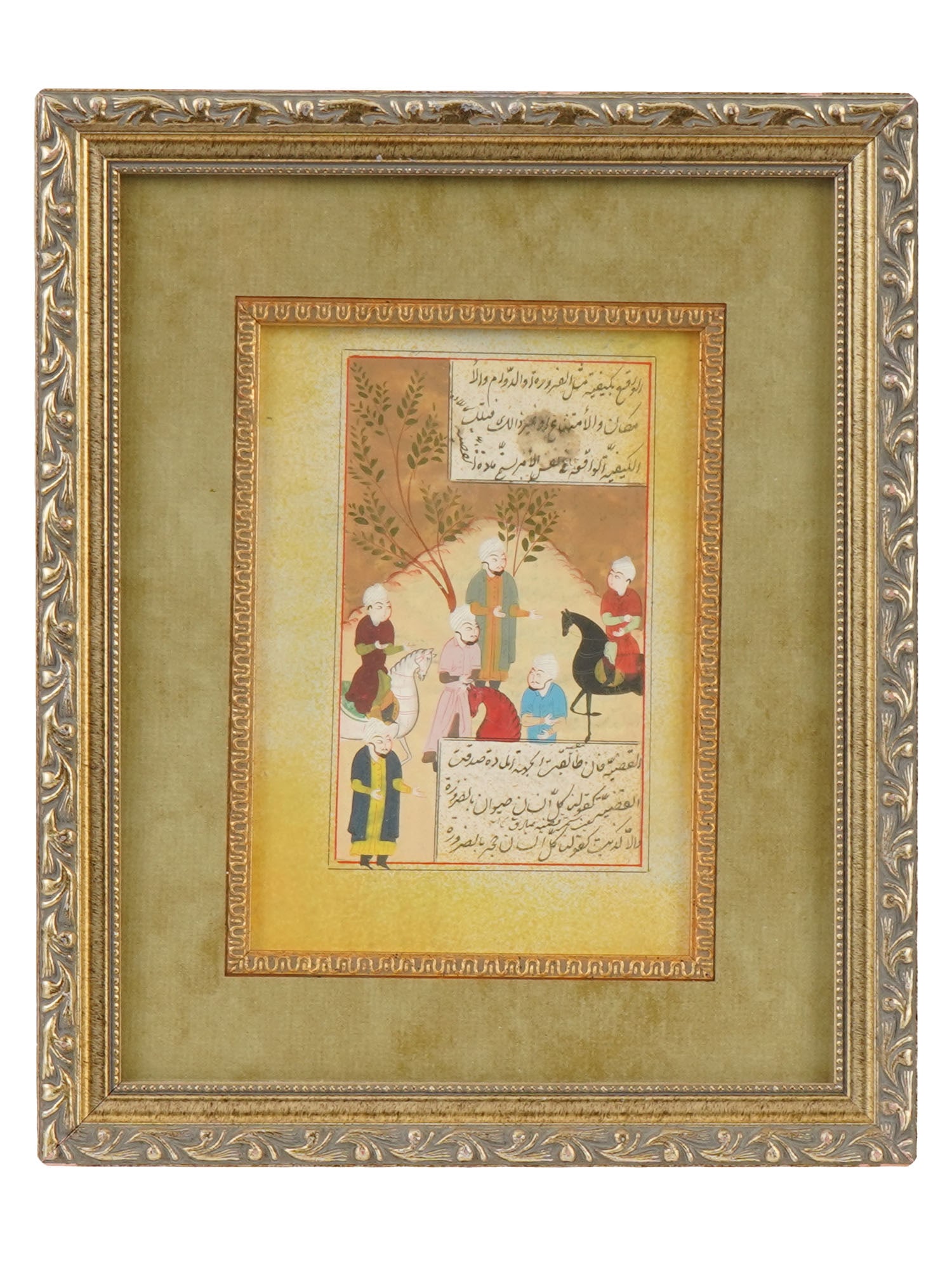 ANTIQUE OTTOMAN EMPIRE ILLUMINATED MANUSCRIPT PAGE: An antique Turkish miniature painting, an illuminated manuscript page. Ottoman Period, 19th century. Gouche and ink on paper. Depicting men on horseback. Handwritten Arabic text on both sides. Matted 