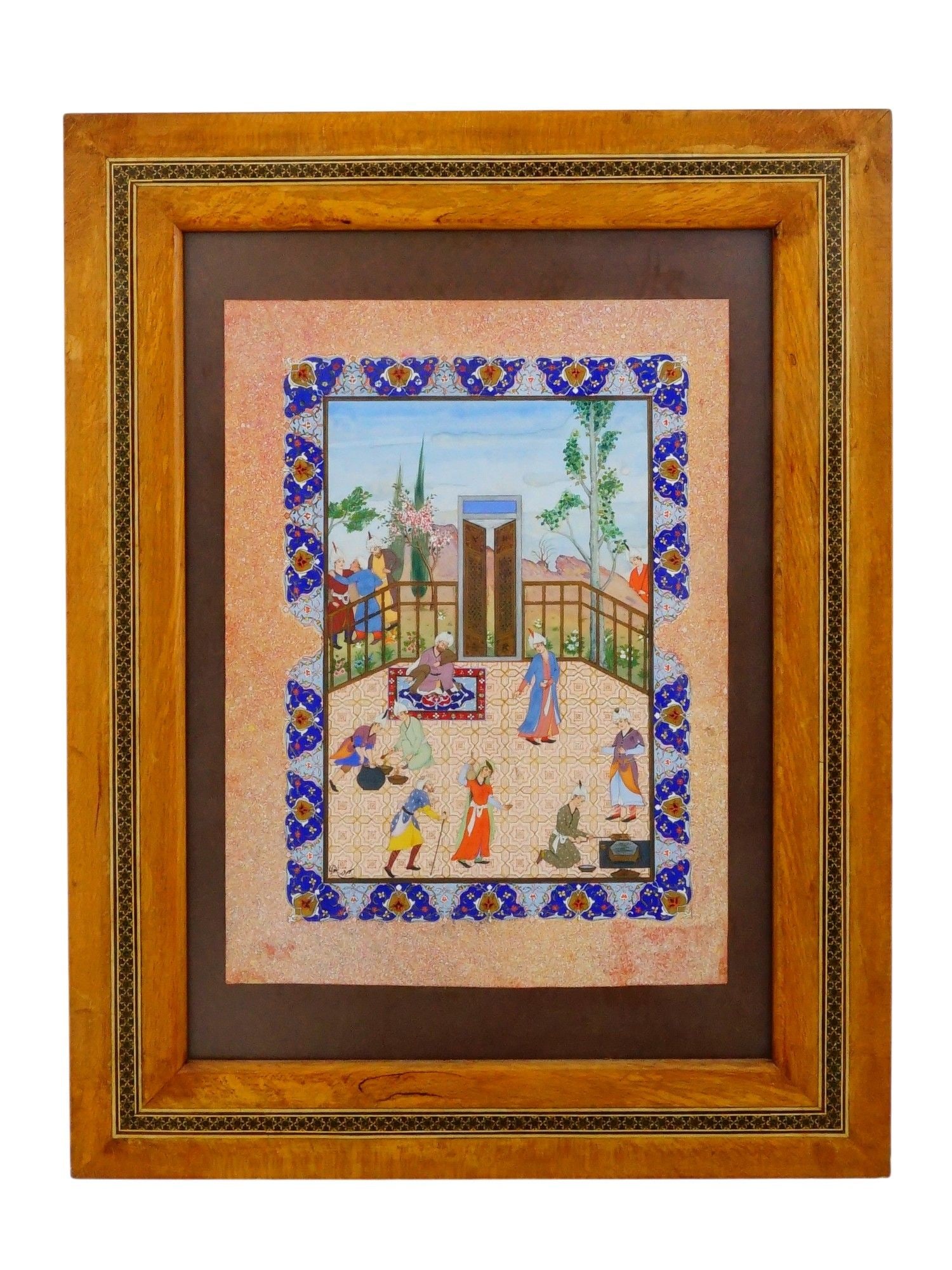PERSIAN HERAT MINIATURE PAINTING IN MOSAIC FRAME: An antique Persian Herat School manner mixed media miniature painting on a natural material panel, Kings Luncheon, depicting a Royal courtyard scene by B. Ahmadi. Signed with Calligraphy, lower left. 