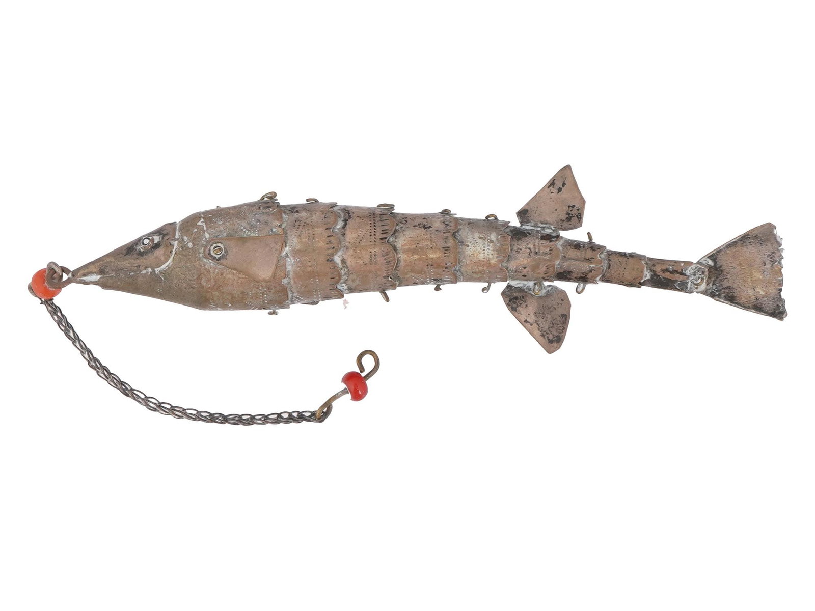 VINTAGE SILVER PENDANT W ARTICULATED FISH FIGURE: A vintage silver pendant with articulated fish figure. Circa mid to late 20th century. The body of the fish has several fins and consists of moving parts with engraved scales and other contours. Attac
