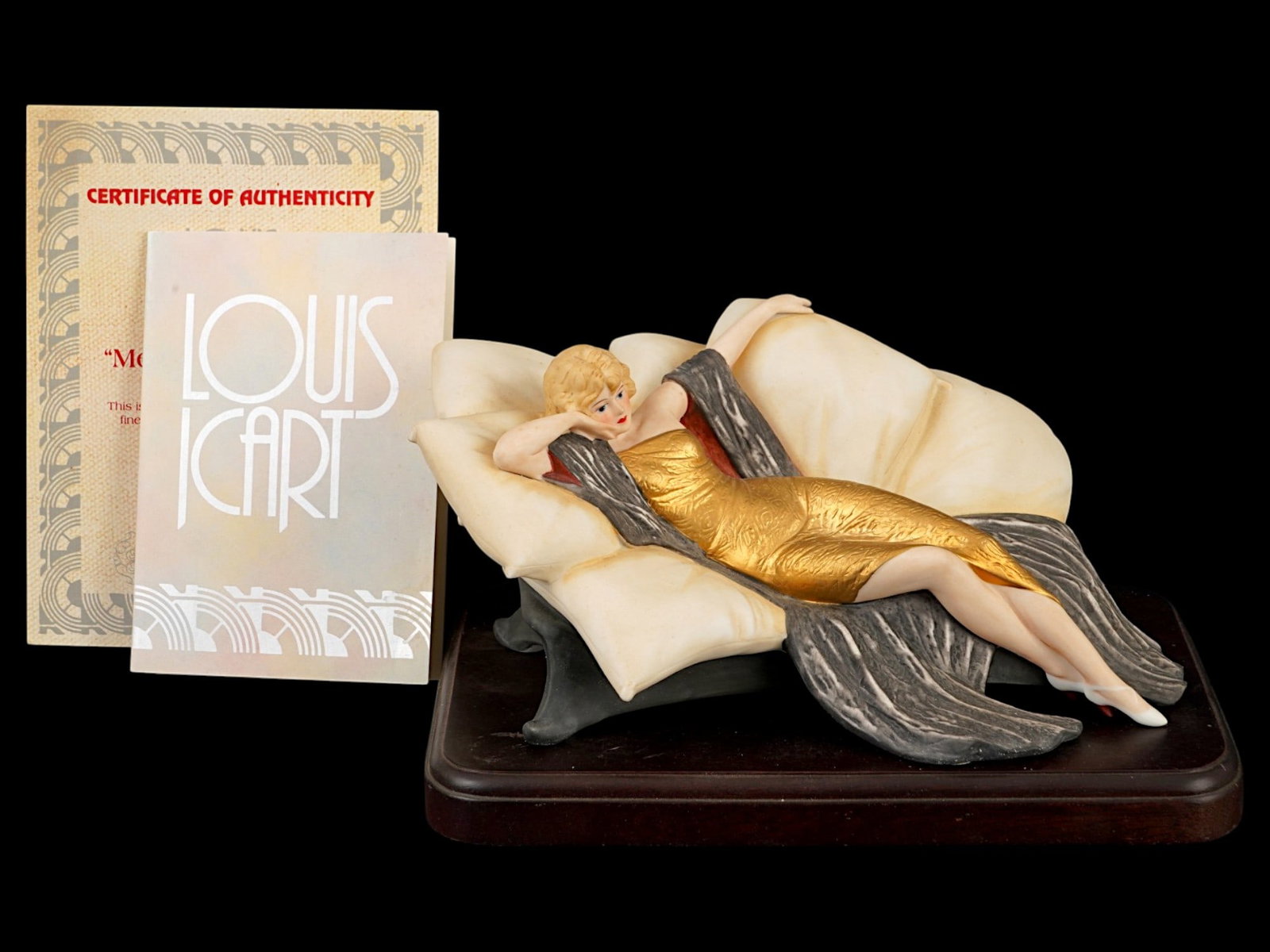 LTD MEDITATION PORCELAIN FIGURINE AFTER LOUIS ICART: A limited edition hand-painted porcelain figurine, Meditation, 1930, inspired by the graphic work of Louis Icart, the celebrated French artist of the Art Deco era. The Meditation, also known as The Go