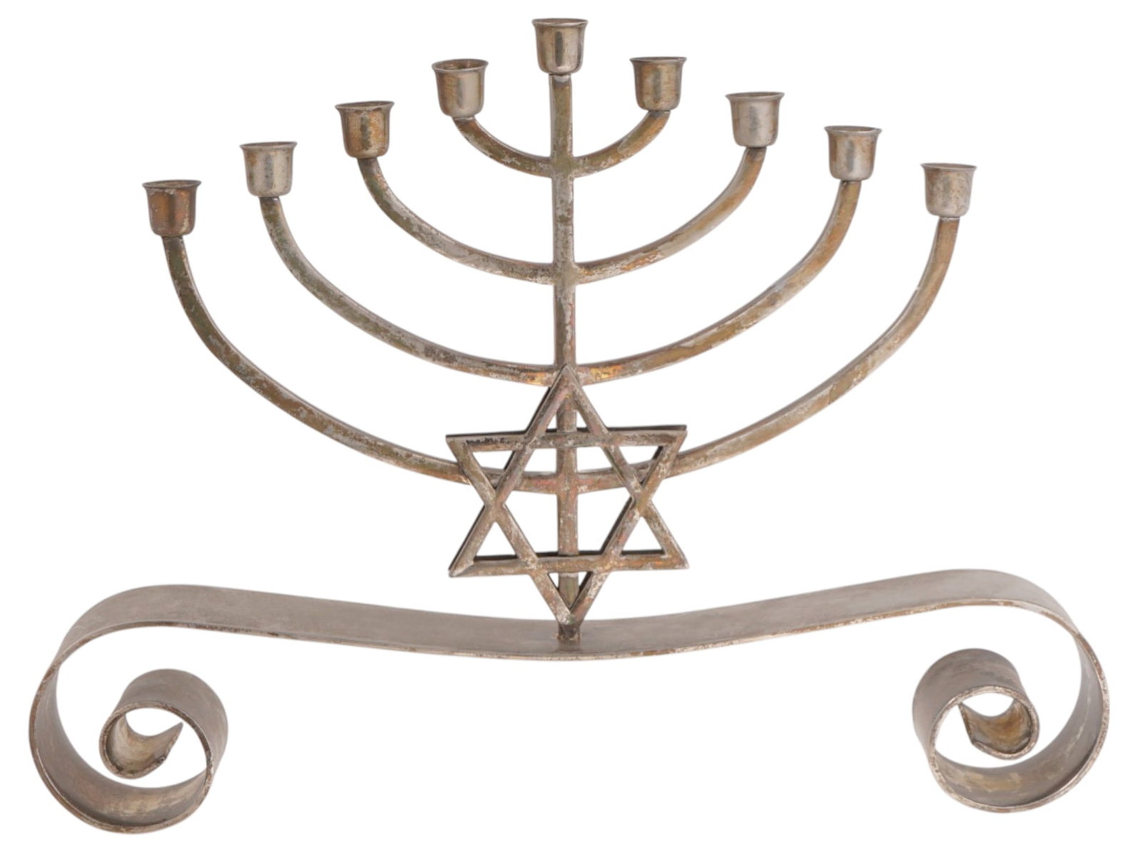 VINTAGE JUDAICA METAL HANUKKAH MENORAH LAMP: A vintage Judaica nine branched metal Hanukkah Menorah Lamp made of metal and decorated with a Star of David in the center. Mounted on a stand with two large curls. No markings. Judaica Lamps, Religio