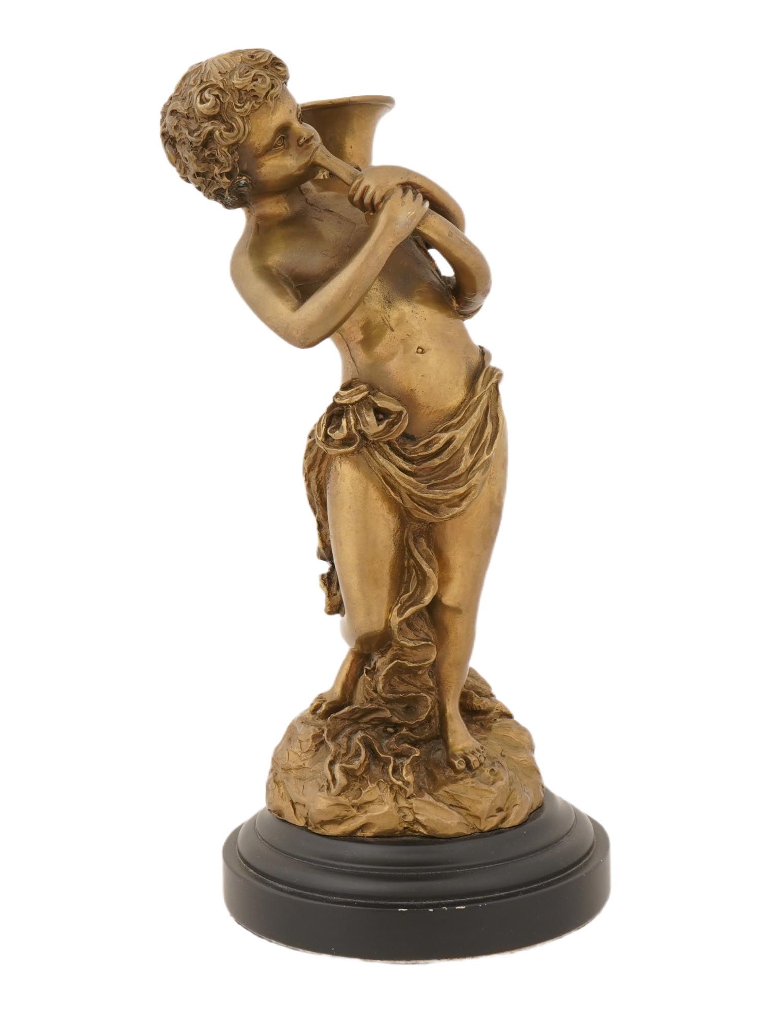 VINTAGE BRONZE FIGURINE CHERUB WITH TRUMPET: A vintage gilt bronze figure of a cherub or putto playing the trumpet. European, early to mid-20th century. Unmarked. Collectible Sculpture And Decor. THIS LOT IS ELIGIBLE FOR A 30-DAY UNCONDI
