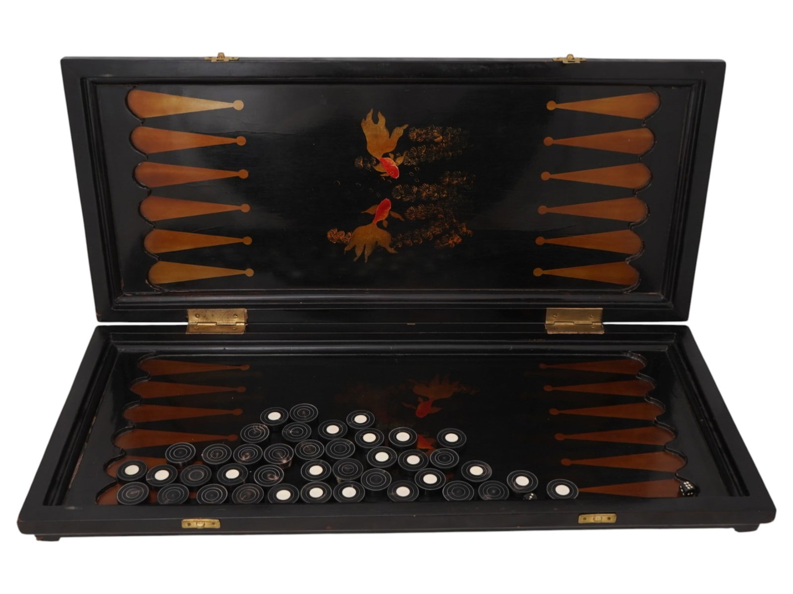 VTG ASIAN LACQUERED HAND PAINTED WOODEN NARDE GAME SET: A vintage Asian folding lacquered hand painted wooden game set features a dual-purpose design, with the exterior presented as a checkered board for chess and the interior configured for Narde. The dar
