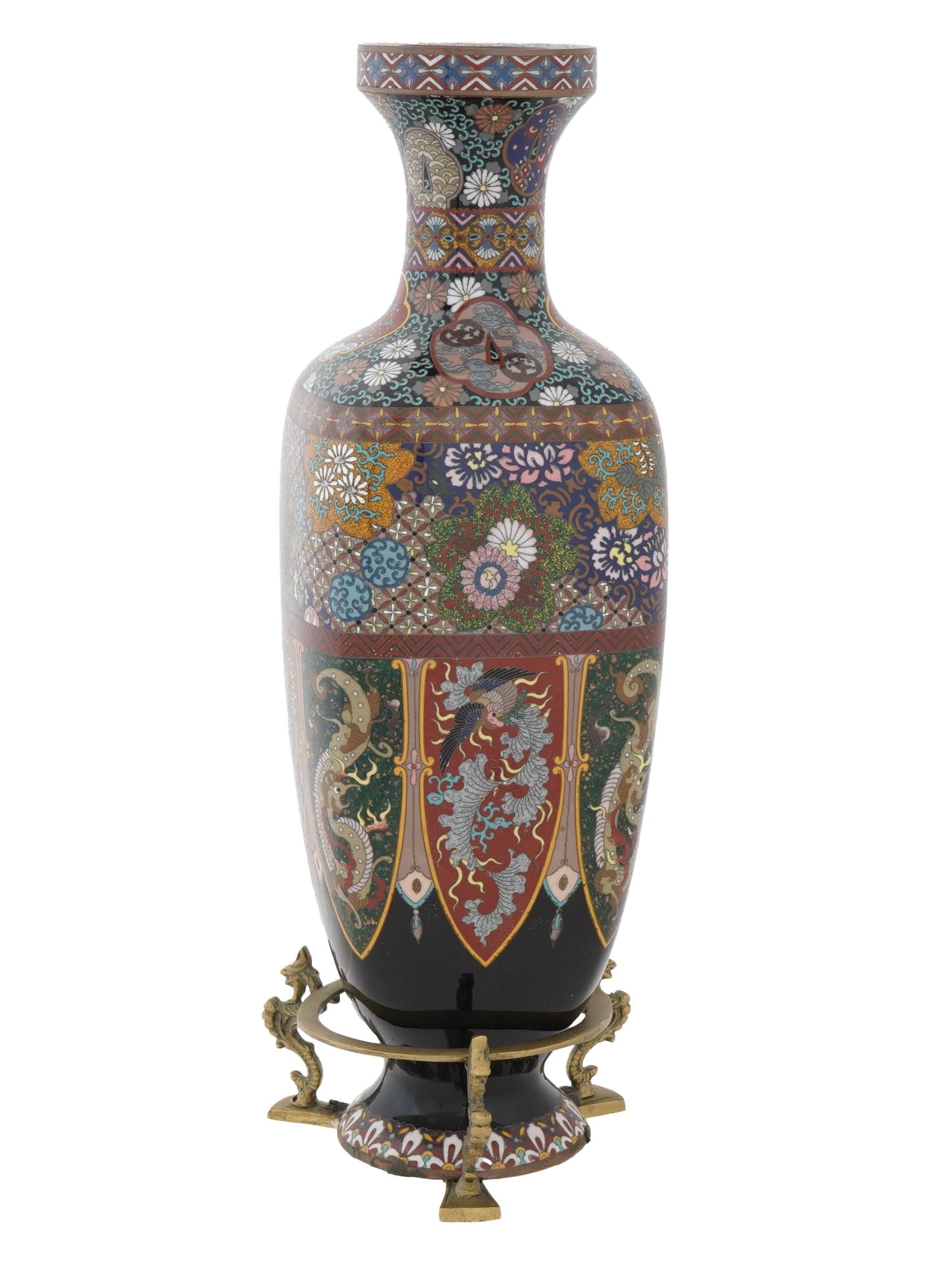 ANTIQUE MEIJI ERA JAPANESE ENAMEL GOLDSTONE VASE: A fine antique Japanese, late Meiji Era, 1868 to 1912 cloisonne enamel over brass vase. Provenance: Estate of Eric Jansson, Roswell, Georgia. The vase is enameled with polychrome images with dragon mo
