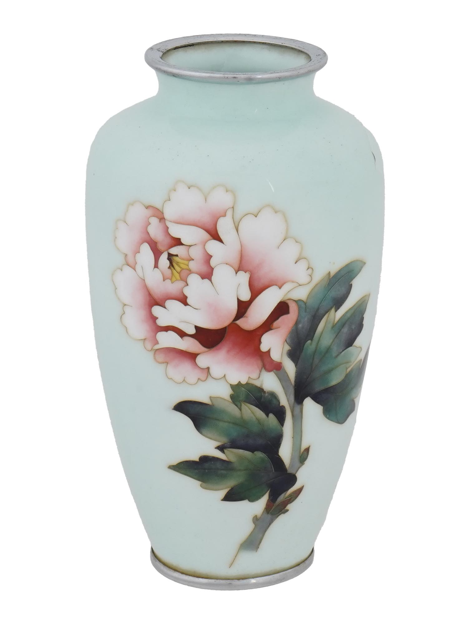 ANTIQUE JAPANESE ANDO CLOISONNE ENAMELED W PEONY VASE: An antique Japanese Ando Jubei pale blue wireless cloisonne enameled vase. The vase showcases a large pink and white peony design. The peony has detailed shading, with darker pink tones at the center 