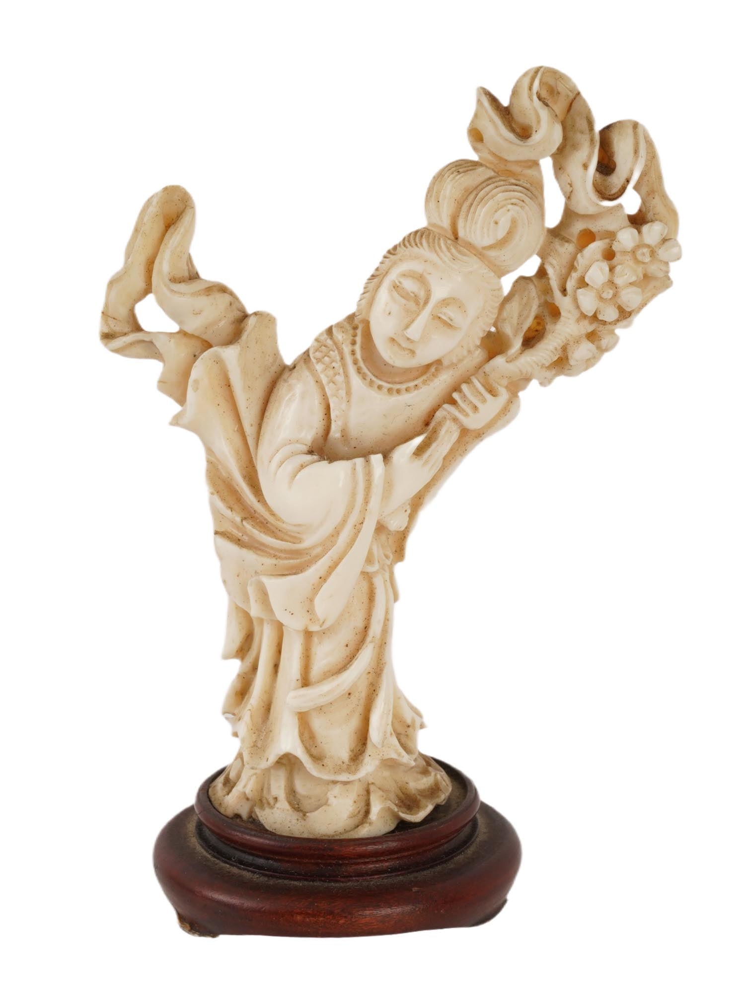 CHINESE HAND CARVED WHITE CORAL FEMALE FIGURINE: A Chinese hand carved of white coral figurine, likely represents a female deity. Mounted on a round wooden base. Asian Figurines, Home Decor, Room Accents and Collectibles. THIS LOT IS ELIGIBLE