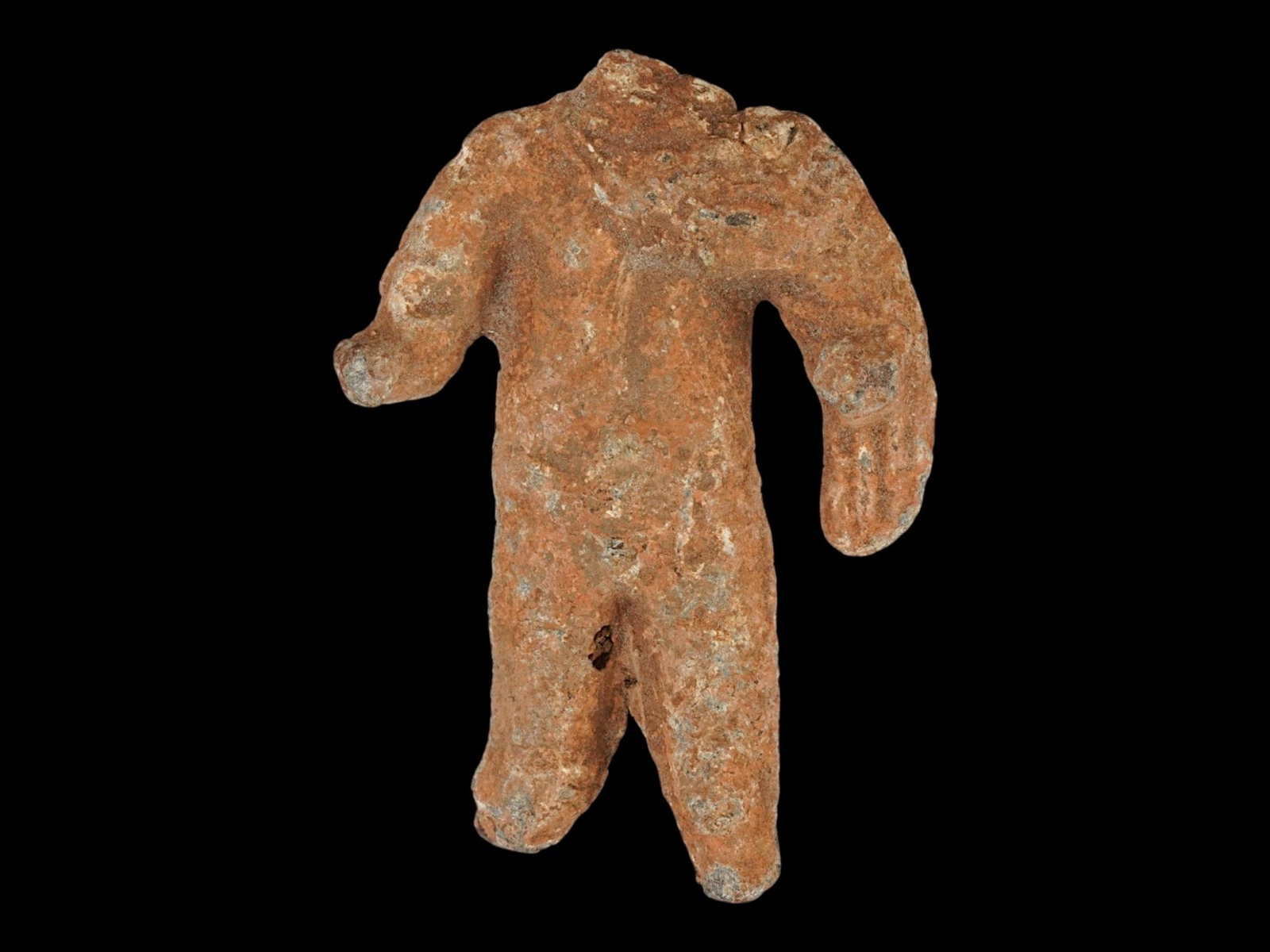 ANCIENT ROMAN EMPIRE LEAD VOTIVE GLADIATOR STATUE: A fragment of an Ancient Roman lead sculpture, headless male figure, presumably a votive offering. Imperial Rome era, ca. 100 BC to 300 AD. Historical Relics And Archaeological Finds, Metalworks And S