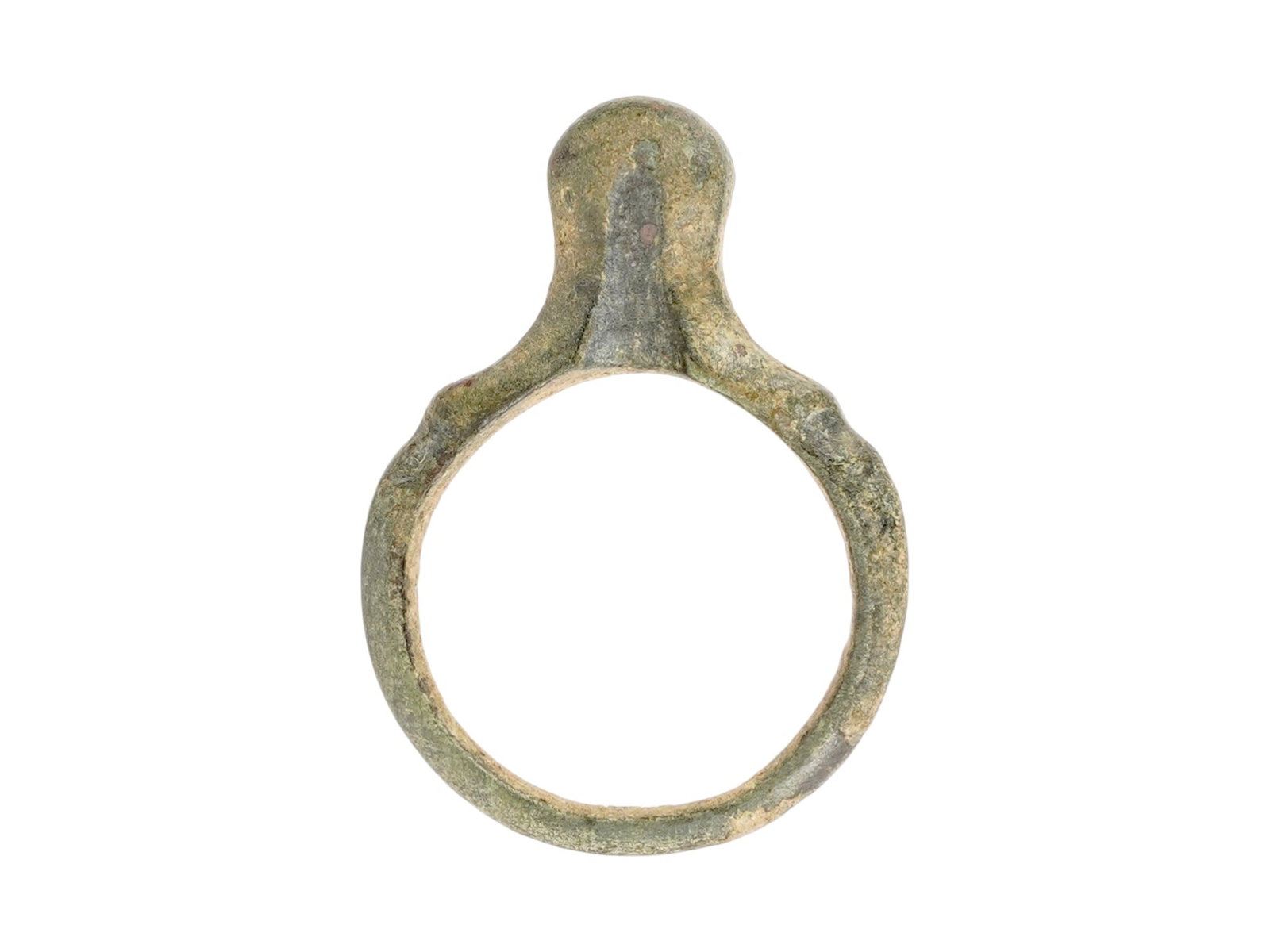 ANCIENT EARLY ROMAN CAST BRONZE EROTIC SIGNET RING: An Ancient Roman bronze signet ring. Late Republic to early Imperial era, ca. 100 BC to 100 AD. The ring features a classic signet-style construction with a prominent, flat-topped circular bezel. In a