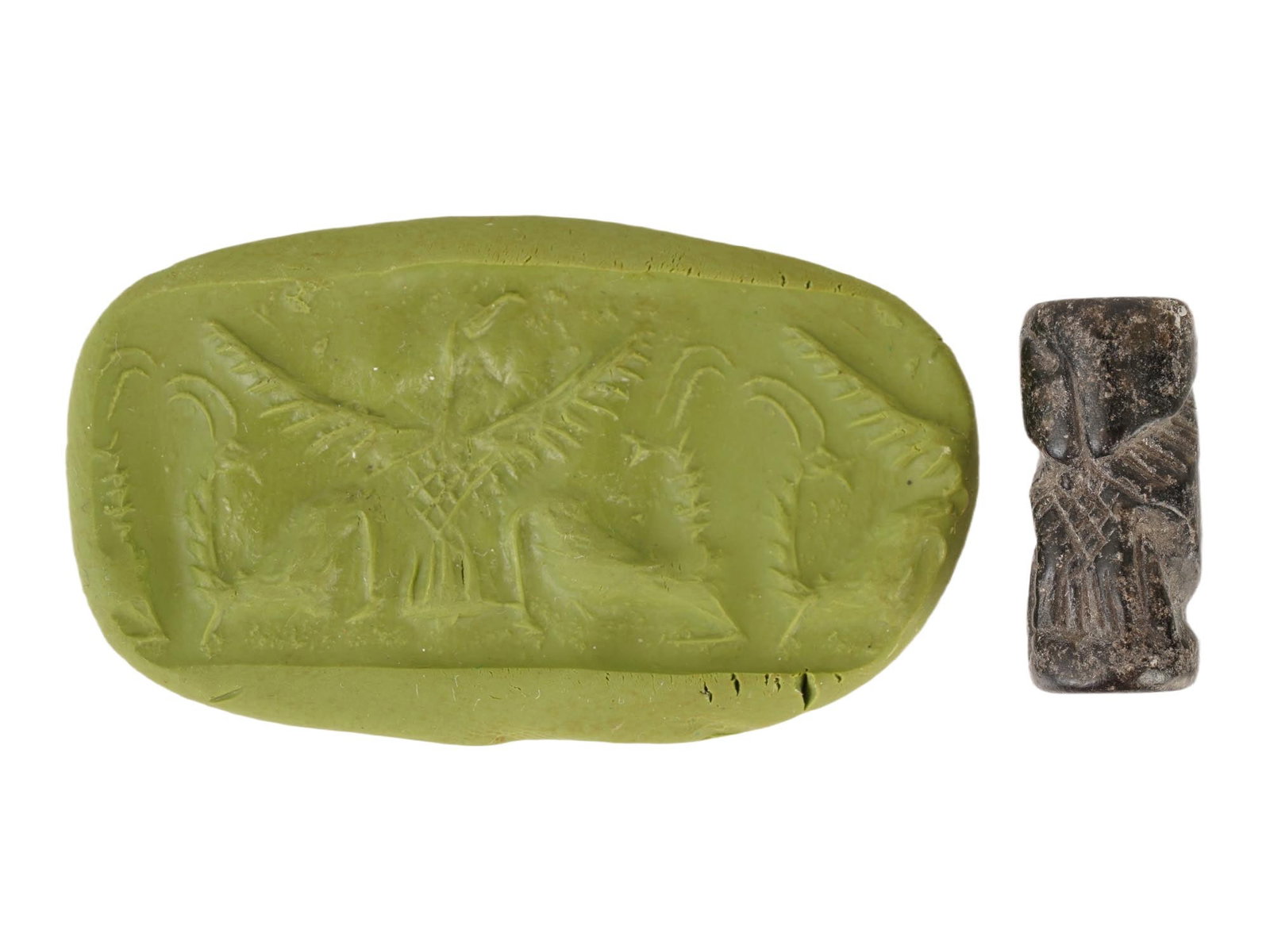 ANCIENT WESTERN ASIATIC STEATITE STONE SEAL BEAD: An ancient Western Asiatic carved Steatite stone seal bead of cylinder shape, circa the 2nd to the 1st Millennium BC. The seal showcases ritual scene with mythological figures. Ancient Carvings, Seals