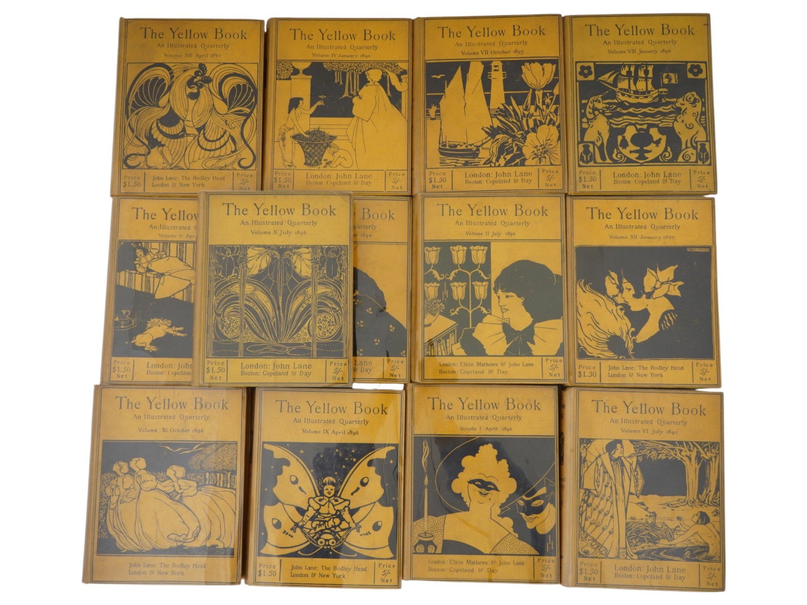 ANTIQUE BRITISH THE YELLOW BOOK MAGAZINE COLLECTION: An antique British The Yellow Book magazine collection. There are 13 issues of the magazine in total. The British literary quarterly magazine published in London from 1894 to 1897 by John Lane and