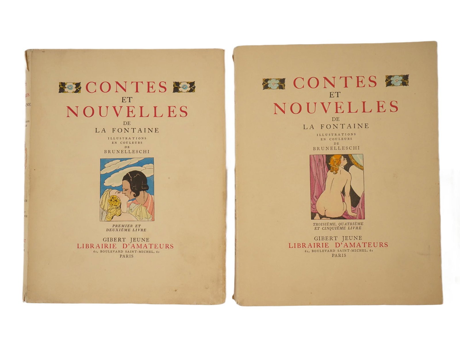 VINTAGE BOOKS CONTES ET NOUVELLES BY LA FONTAINE 2 VOLS: A vintage French two-volume illustrated edition of Contes et Nouvelles by Jean de La Fontaine, featuring color illustrations by the Italian artist Umberto Brunelleschi. Published in Paris by Gibert Je