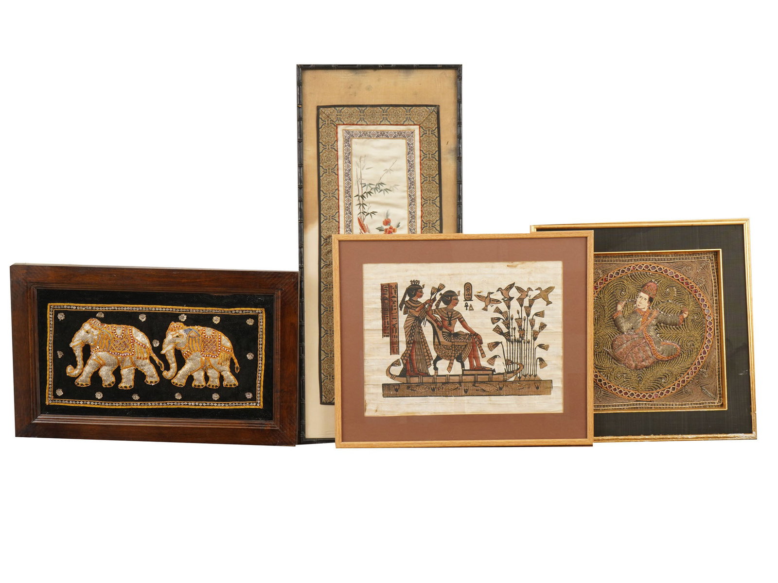 LOT OF VINTAGE ORIENTAL EMBROIDERY AND PAPYRUS PRINT: A lot of three vintage embroidered artworks. Indian elephants embroidery on velvet. Burmese Kalaga tapestry. Chinese bird and flower silk needlework. The lot also includes a Egyptian polychrome print 