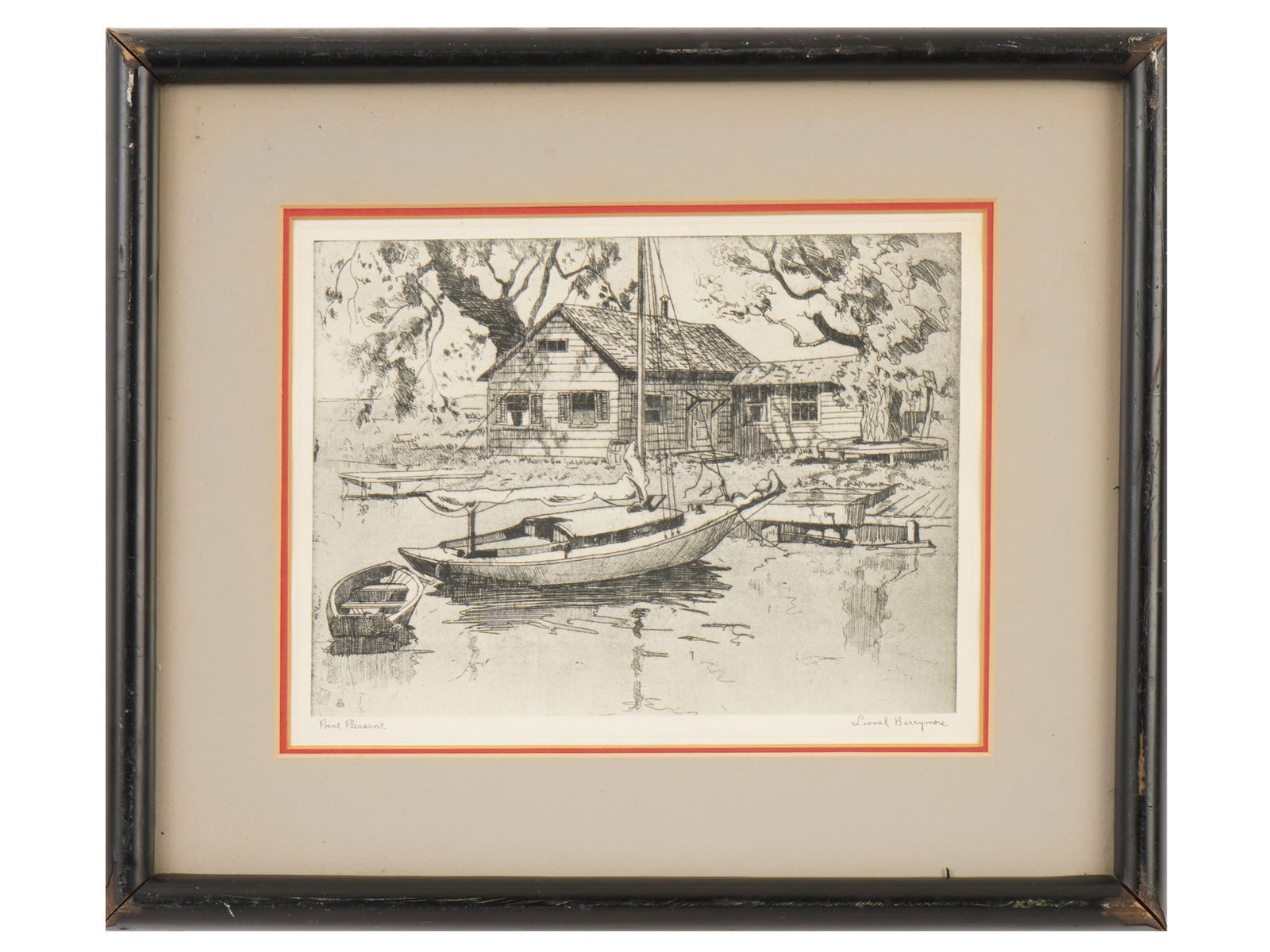 AMERICAN POINT PLEASANT ETCHING AFTER LIONEL BARRYMORE: A vintage landscape etching titled Point Pleasant after American actor and artist Lionel Barrymore, 1878 to 1954. The etching depicts a serene landscape with a small boat moored in the foreground with