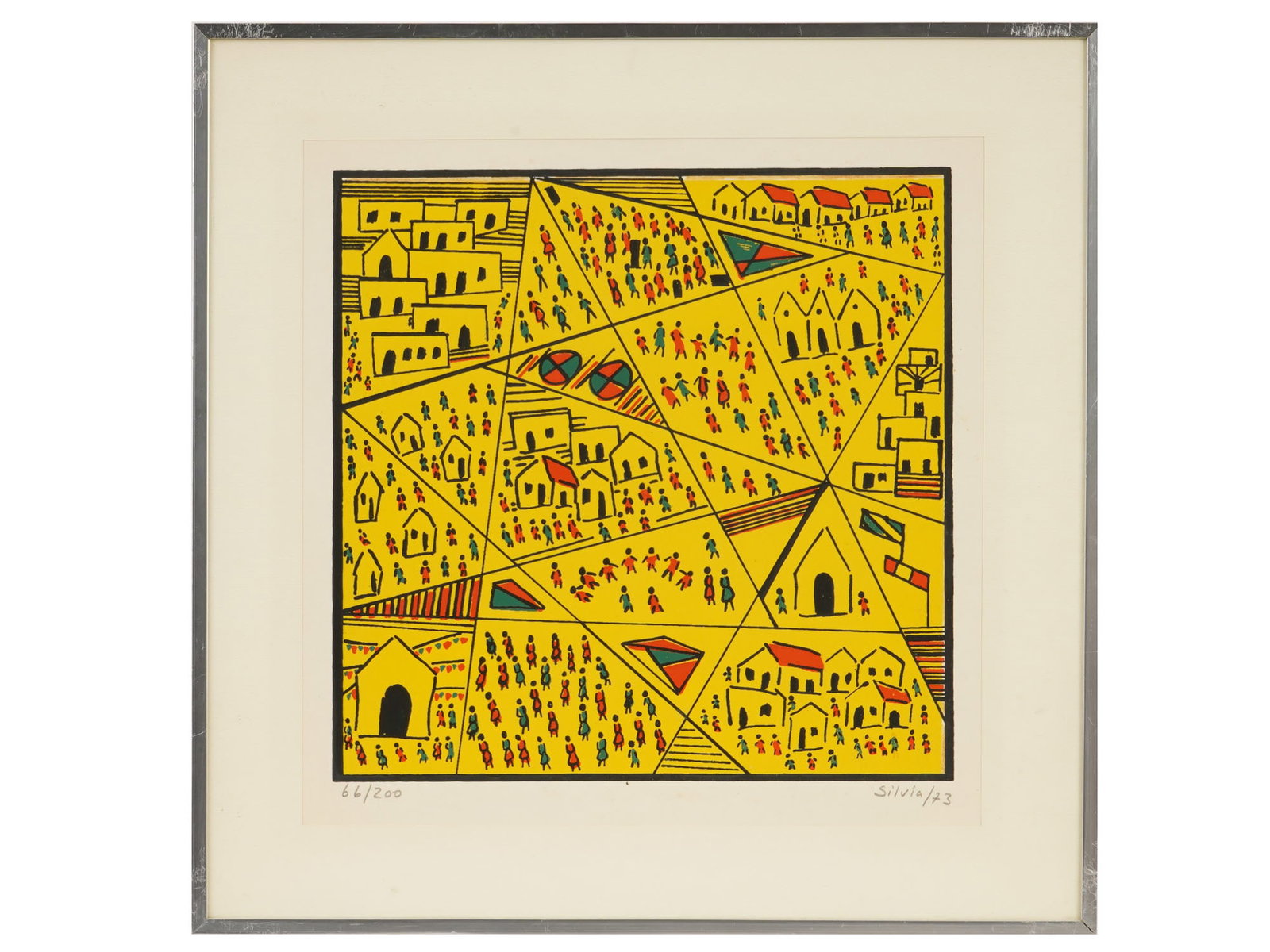 VINTAGE LTD LITHOGRAPH BY SYLVIA DE LEON CHALREO: A vintage limited edition lithograph by Sylvia de Leon Chalreo, 1905 to 1987 Brazilian artist. Numbered 66 of 200 lower left. Signed and dated 1973 in pencil lower right. The print depicts a densely p
