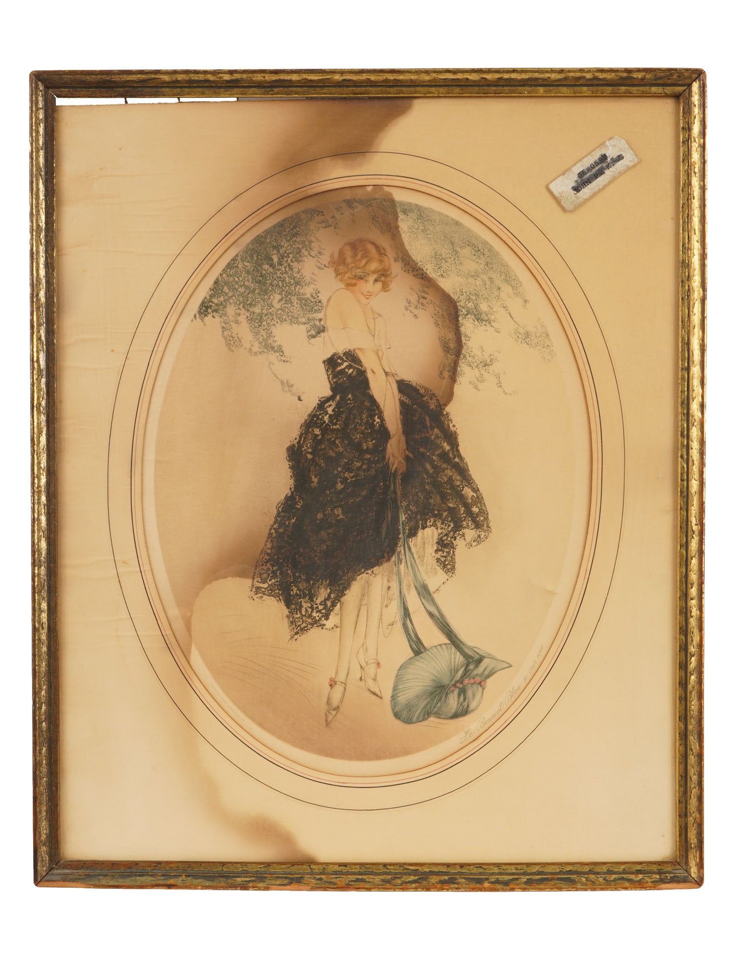 LOUIS ICART ART DECO FRENCH COLOR LITHOGRAPH: Louis Justin Laurent Icart, French, 1888 to 1950, oval colored lithograph on paper depicting an Art Deco scene with a lady in dress. Titled Le Bonnet Bleu, by Louis Icart, lower right. Framed. Circa: 