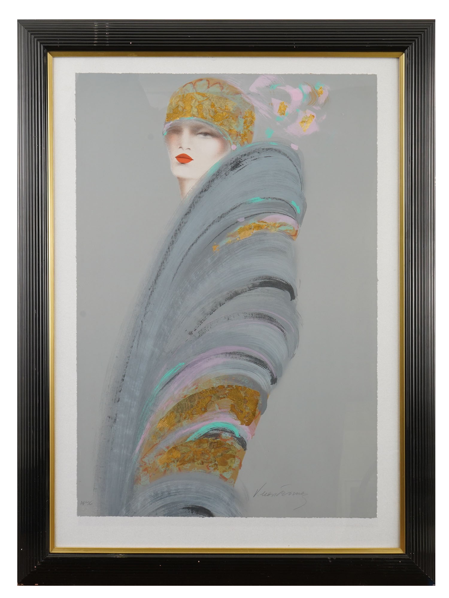 MEXICAN LTD LITHOGRAPH BY VICTORIA MONTESINOS: A limited edition lithograph titled Deco Personality by Victoria Montesinos, born 1944 Mexican artist. Signed in pencil lower right. Numbered 60 of 60 lower left. Matted and framed. The artwork depict