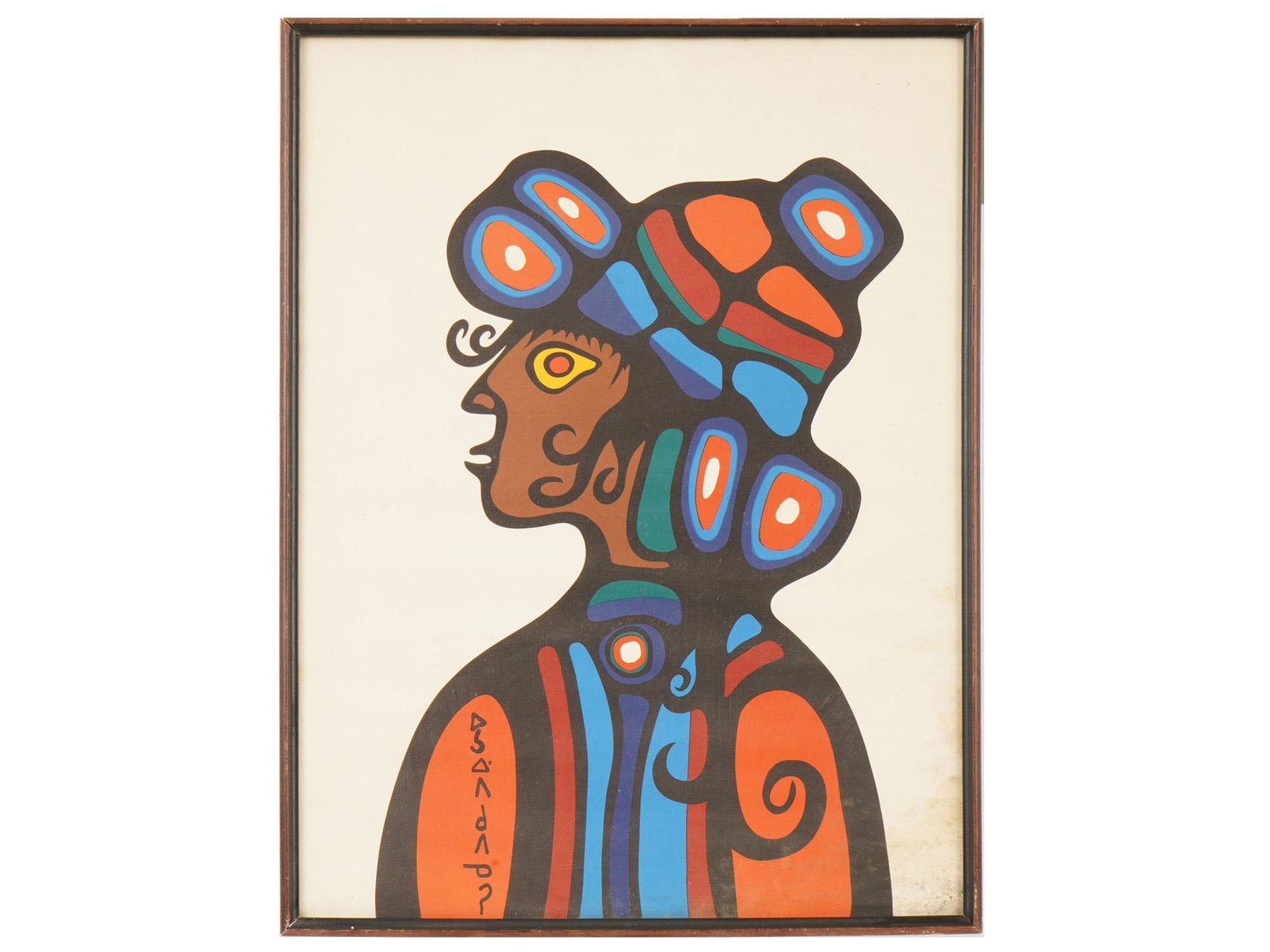 NORVAL MORRISSEAU CANADIAN LITHOGRAPH PORTRAIT: Norval Morrisseau, Canadian, 1932 to 2007, a lithograph depicting a portrait. A leading figure of the Woodland School of Art, Morrisseau used strong black contour lines and vivid symbolic color to exp