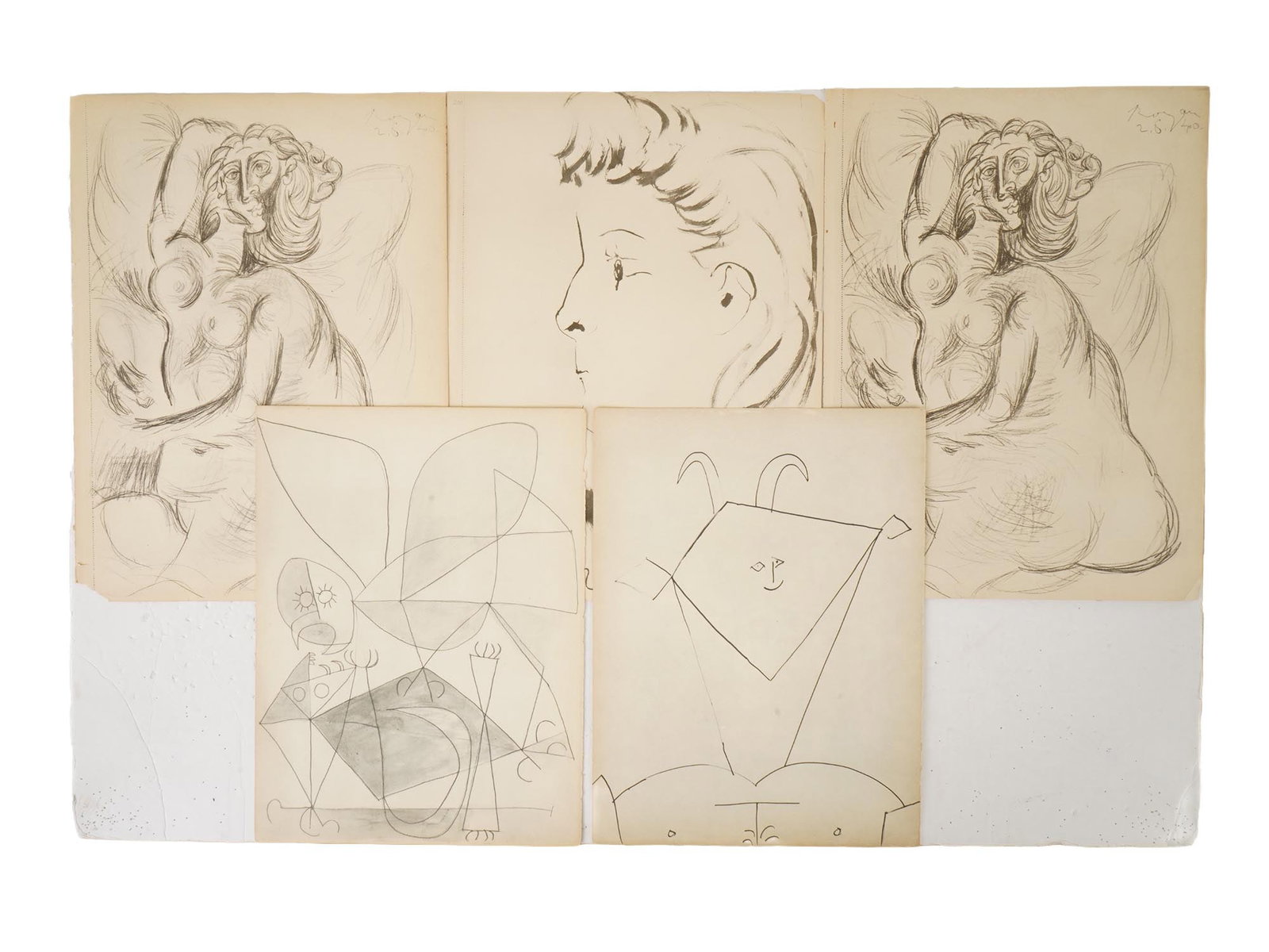 PABLO PICASSO SPANISH 5 LITHOGRAPH PRINTS ROYAN SERIES: Pablo Picasso, Spanish, 1881 to 1973, a group of 5 lithograph prints, depicting mostly portraits. Three are inscribed Royan and dated. Additionally inscribed on the back side: Picasso, Royan Series. P