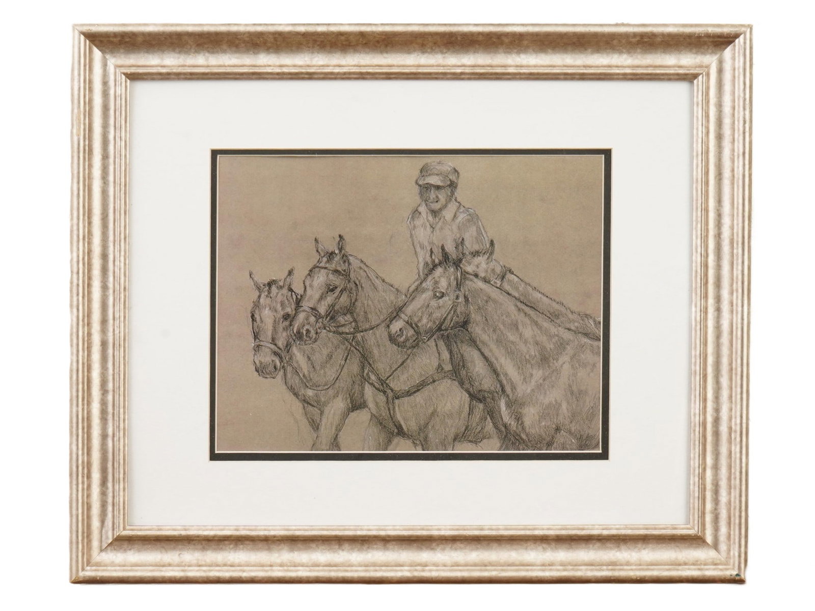 MID CENTURY ART PRINT OF A JOCKEY ON HORSEBACK: A mid-century print depicting a jockey on horseback, accompanied by two additional horses nearby, capturing a dynamic equestrian scene. Rendered in a style characteristic of mid-20th-century graphic a