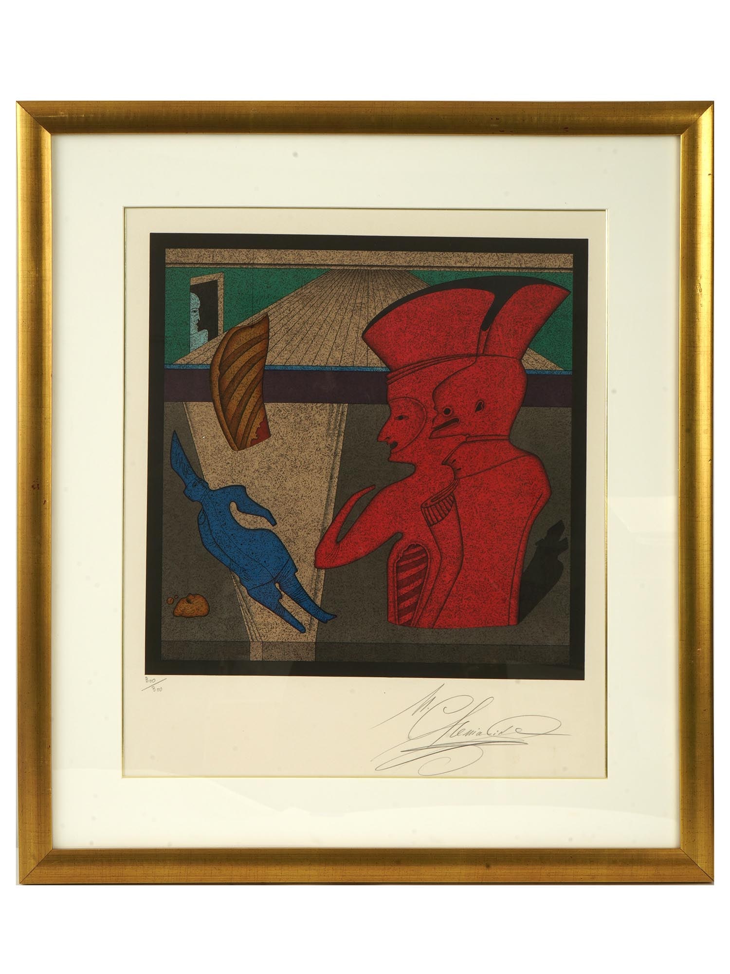 LTD RUSSIAN LITHOGRAPH BY MIHAIL CHEMIAKIN SIGNED: Mihail Chemiakin, Russian Soviet, born 1943, a limited edition color lithograph on Arches paper, Wax Marshal, Composition with Gendarmes, from the series Carnivals of St. Petersburg. Circa: late 1970s