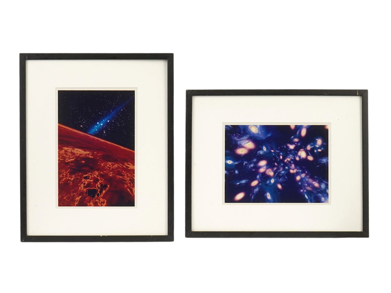 PAIR OF COMPUTER ENHANCED COSMIC PHOTOGRAPHIC PRINTS: A pair of computer-enhanced photographic prints featuring dramatic cosmic and astronomical imagery. The first, titled Star Shooting Past an Angry Sun, was produced by Ofoto from a Digital Art CORBIS s