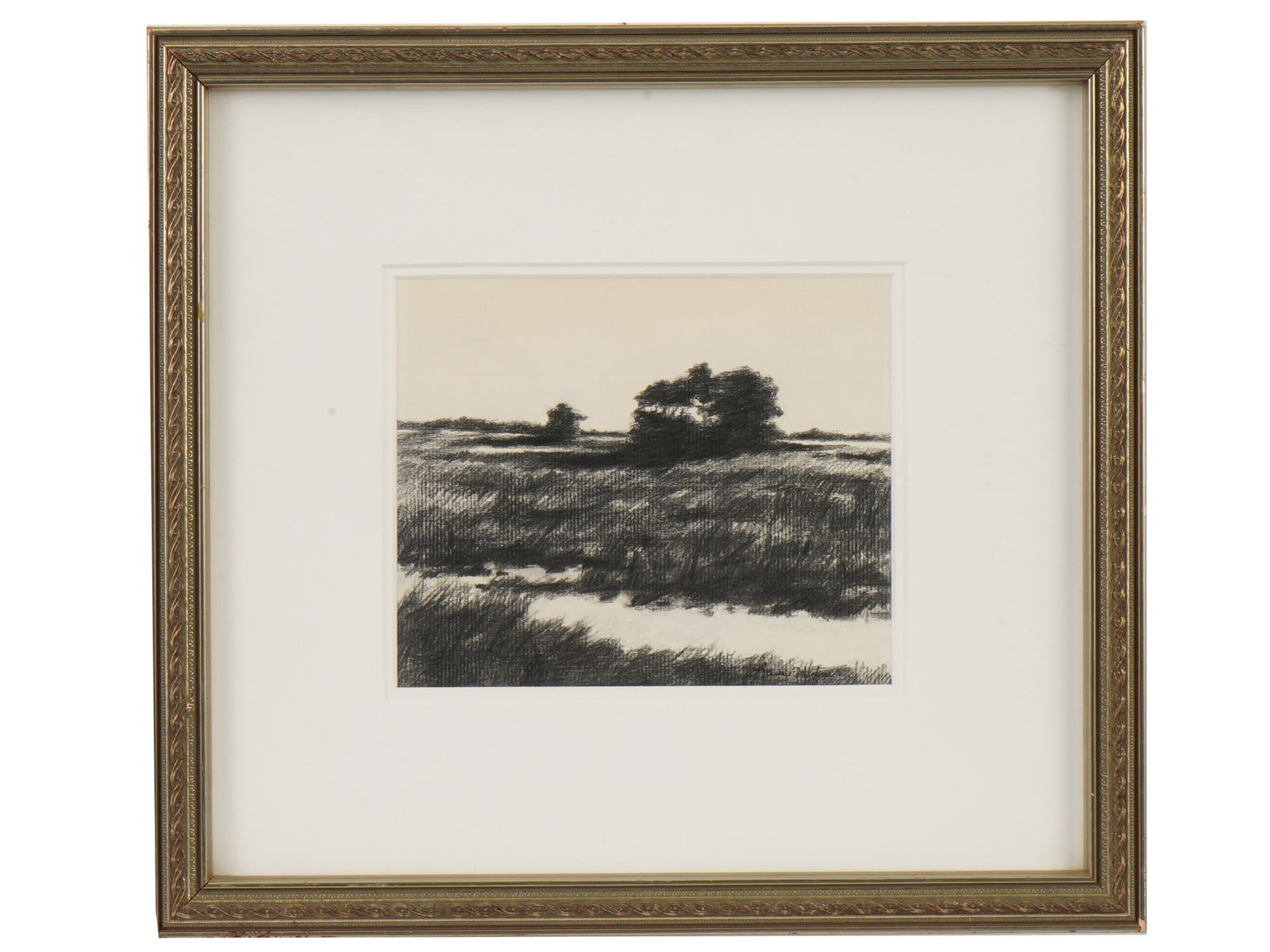 MID CENTURY GRAPHITE LANDSCAPE PAINTING SIGNED (1 of 4)