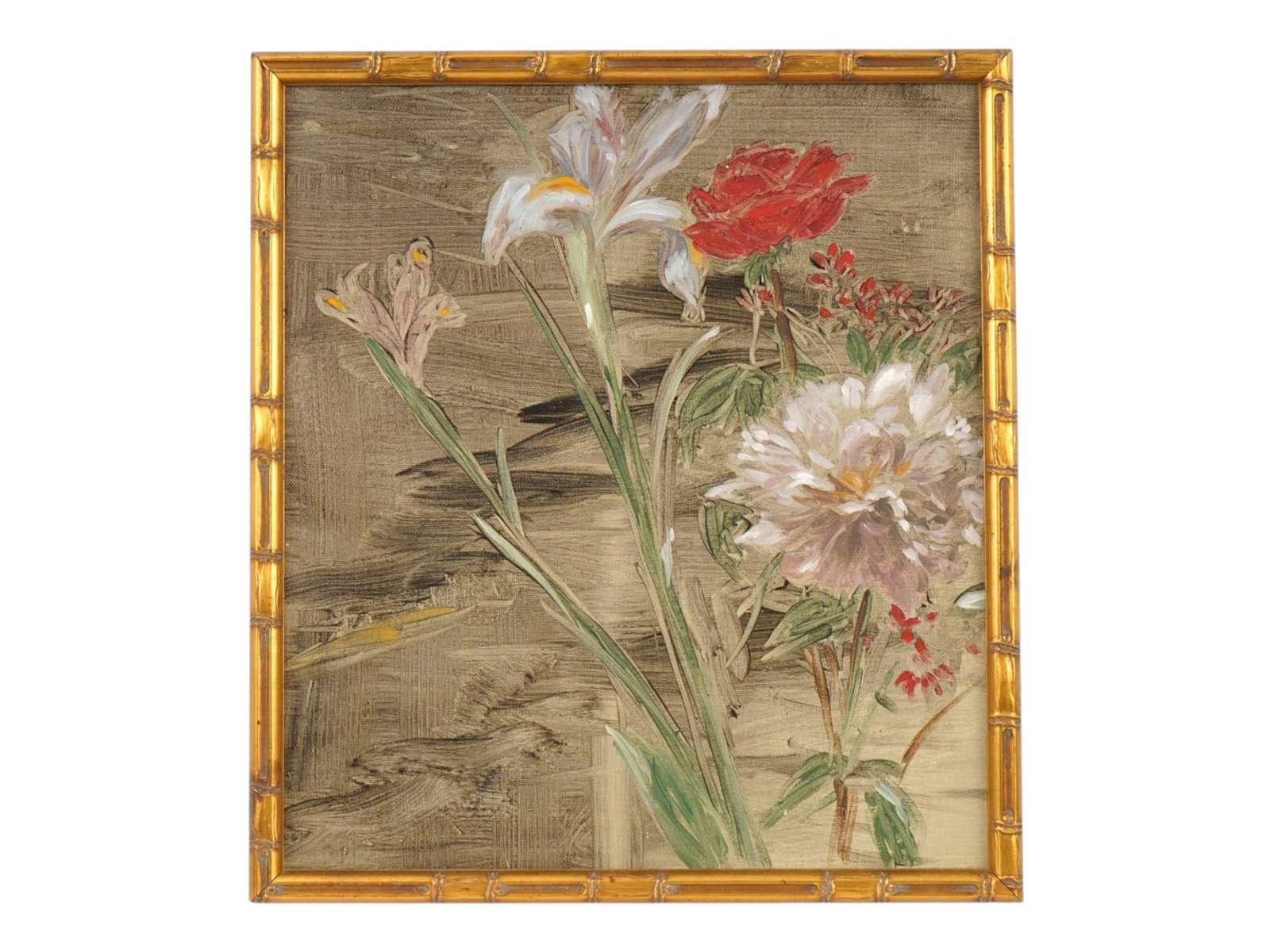 MODERNIST FLORAL STILL LIFE OIL PAINTING FRAMED: A modernist oil painting on canvas depicting a still life with flowers in the asian manner. Unsigned. Framed. Modernist and Contemporary Fine Art, Expressionist Still Life Oil Paintings, and Collectib