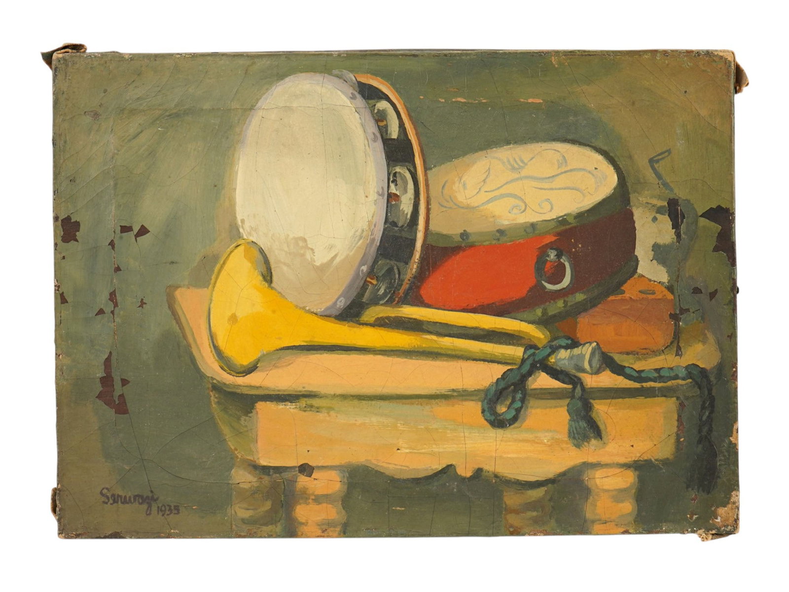 AMERICAN STILL LIFE OIL PAINTING SIGNED ALBERT SERWAZI: An oil painting on canvas depicting a still life with musical instruments. Signed, Serwazi, and dated 1935, lower left. Additionally dated 1935, on the backside. Albert B. Serwazi, 1905 to 1992, was a