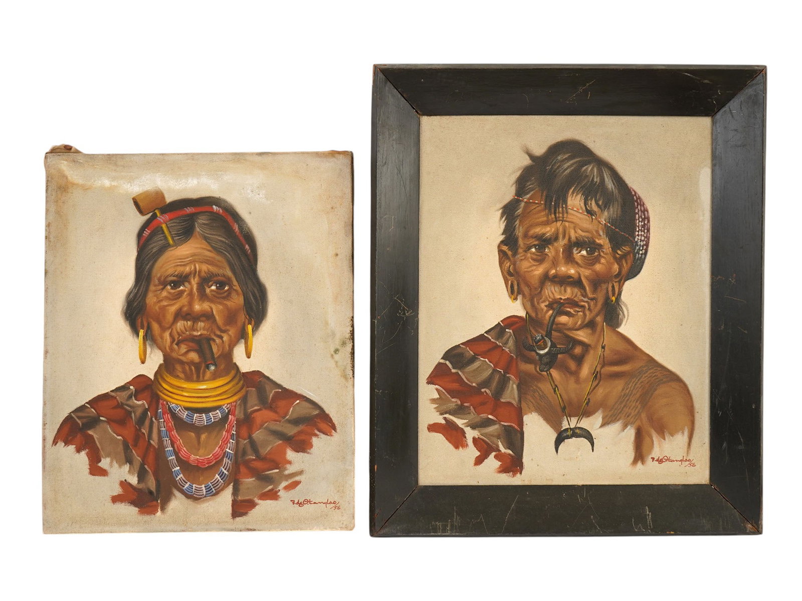 LOT OF FILIPINO PORTRAIT OIL PAINTING BY F O TANGLAO: F.O. Tanglao, a Filipino artist, a pair of oil paintings on canvas depicting portraits of Filipinos. Each is signed and dated 56, lower right. One is framed. F. O. Tanglao is known for his oil on wood