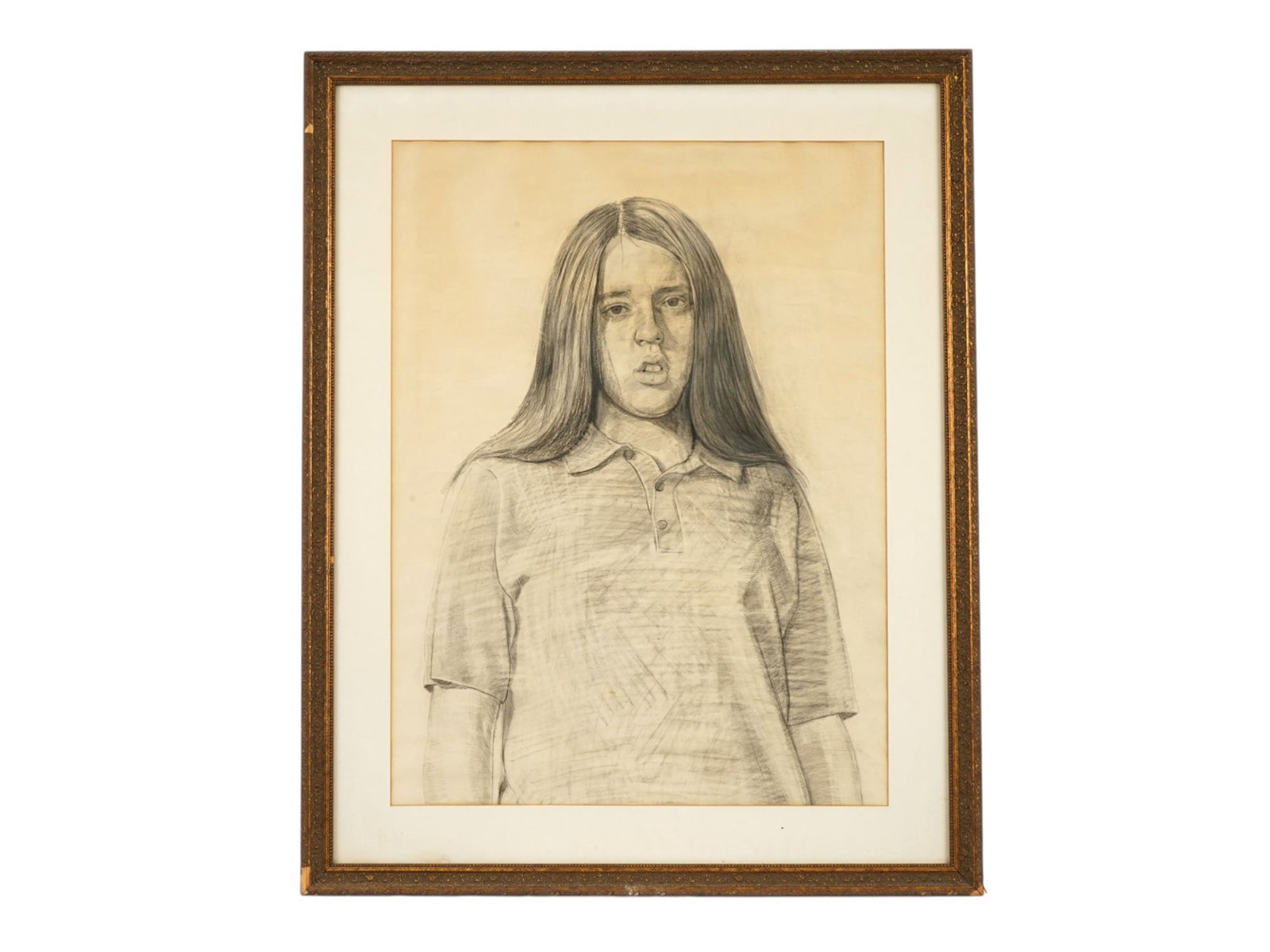 MID CENTURY PORTRAIT PAINTING OF A YOUNG WOMAN: A mid-century charcoal portrait on paper of a young woman. Framed. Mid Century Drawings And Art Collectibles. THIS LOT IS ELIGIBLE FOR A 30-DAY UNCONDITIONAL RETURN FROM THE DATE OF THE SALE.