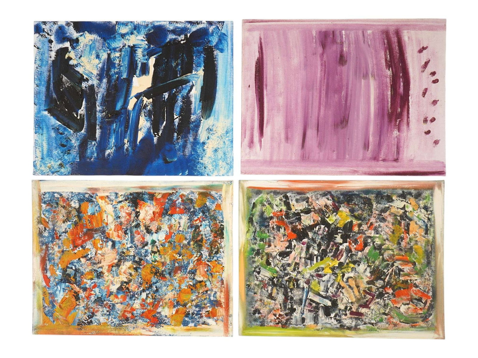 4 AMERICAN OIL ABSTRACT PAINTINGS SIGNED G NAROFF: A lot of 4 American oil on canvas over board abstract paintings. Two of four are signed Gay Naroff, titled and dated Marquee, 2004, Robins View, 2005. Gay Naroff, 1943 to 2012, was an American artist 