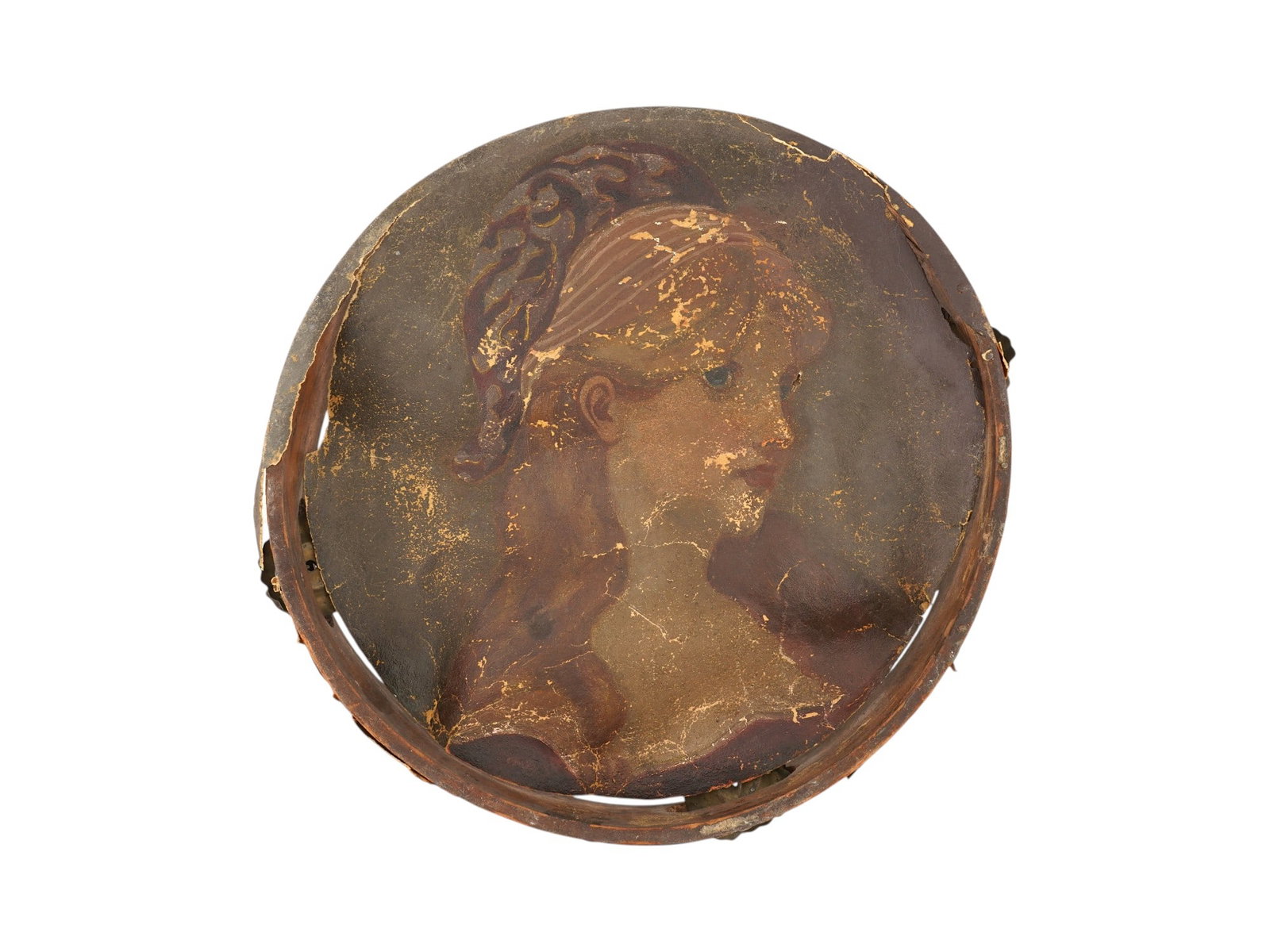 ANTIQUE OIL ON PAPER ON TAMBOURINE PORTRAIT PAINTING: An antique oil on paper on tambourine portrait painting. The painting features a bust-length oil portrait of a lady with auburn hair, executed on paper and mounted onto the skin of a small decorative 