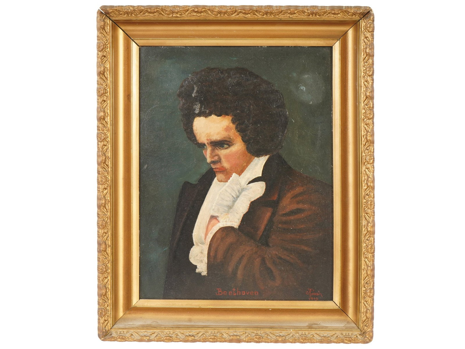 ANTIQUE 1910 OIL PAINTING OF LUDWIG VAN BEETHOVEN SIGNED: An antique oil on board painting depicts a bust-length portrait of the composer Ludwig van Beethoven. The subject is shown in three-quarter profile with his characteristic wild dark hair, wearing a wh