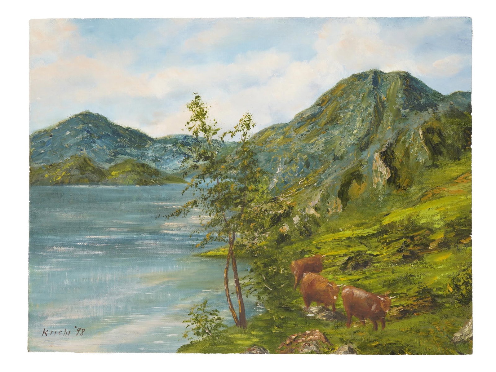 MID CENTURY OIL LANDSCAPE PAINTING: An oil landscape painting on canvas over board, signed and dated in the lower left. The composition depicts Highland cattle gathered along a lakeshore, rendered with naturalistic detail and an atmosph