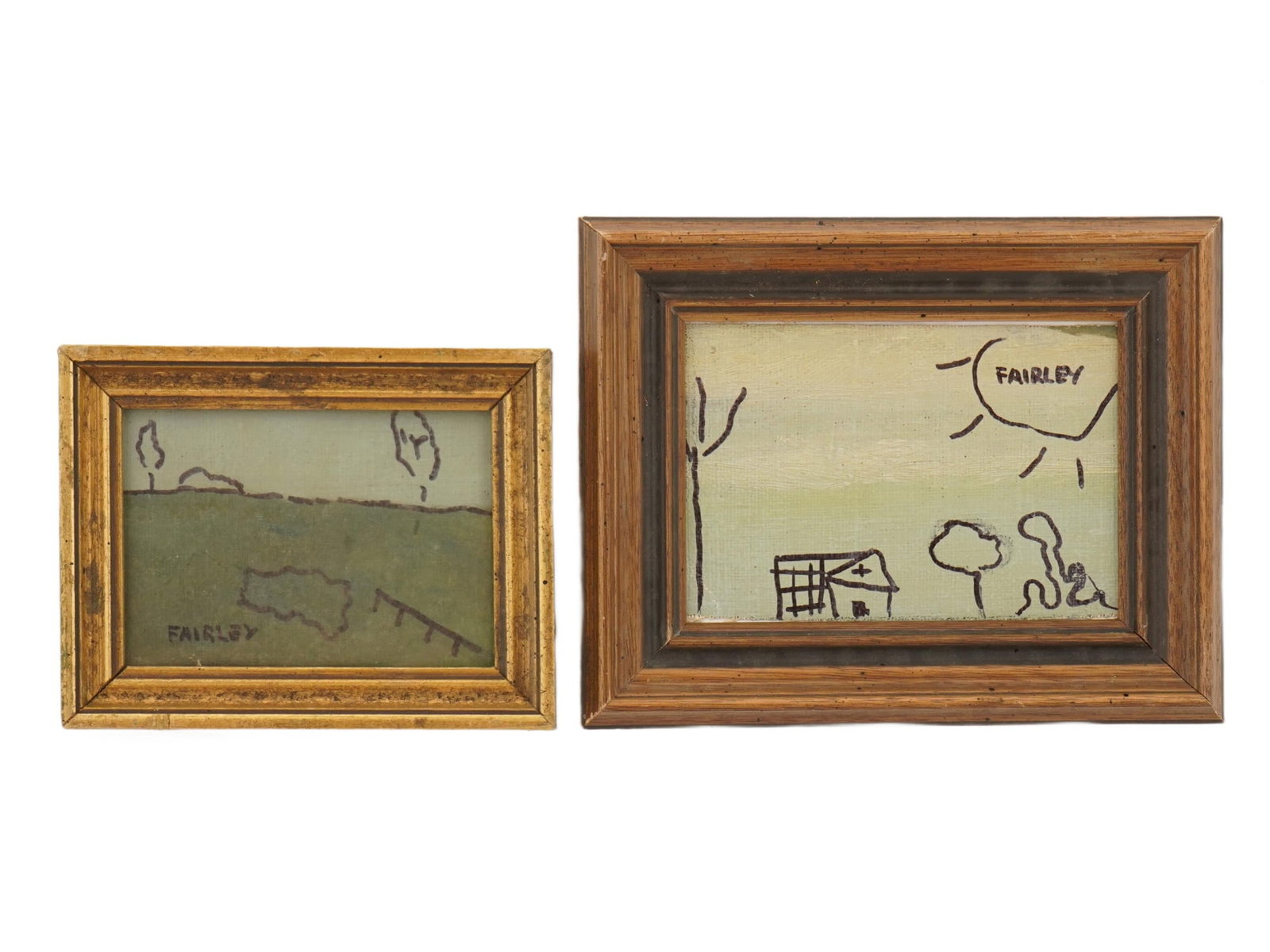 LOT OF MODERNIST FAUVIST MIXED MEDIA PAINTINGS: A lot of two Modernist mixed media, oil and marker, paintings on board depicting primitive rural landscape views. Each is signed upper right or lower left. Both are framed. Modernist and Contemporary 