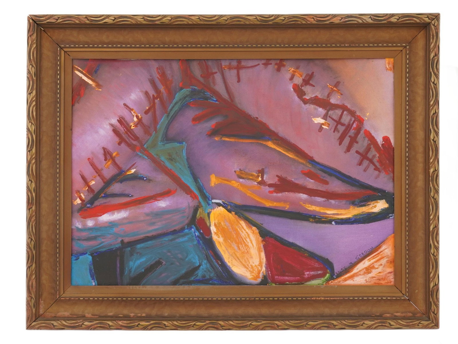 MODERNIST OIL PAINTING OF AN ABSTRACT COMPOSITION: An oil on canvas painting depicting an abstract composition in a purple color palette. Signed in the lower right. Dated 1956. Framed. Collectible Modernist Fine Art, Women Artists. THIS LOT IS